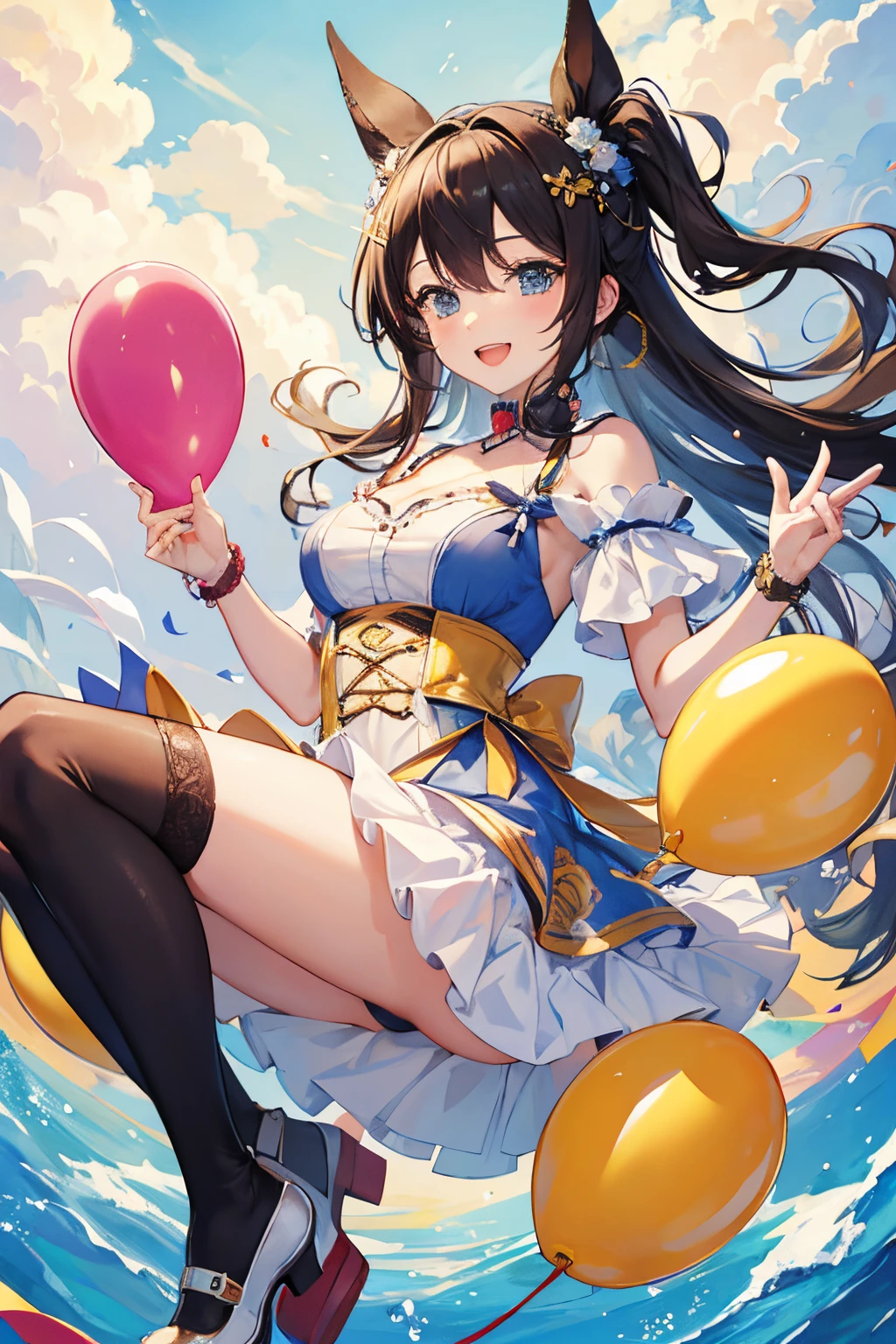 masterpiece, high res,original, 2person(1female, 1male), birthday,birthday_party,ballon,happy,laugh,happy_atmosphere,landscape
