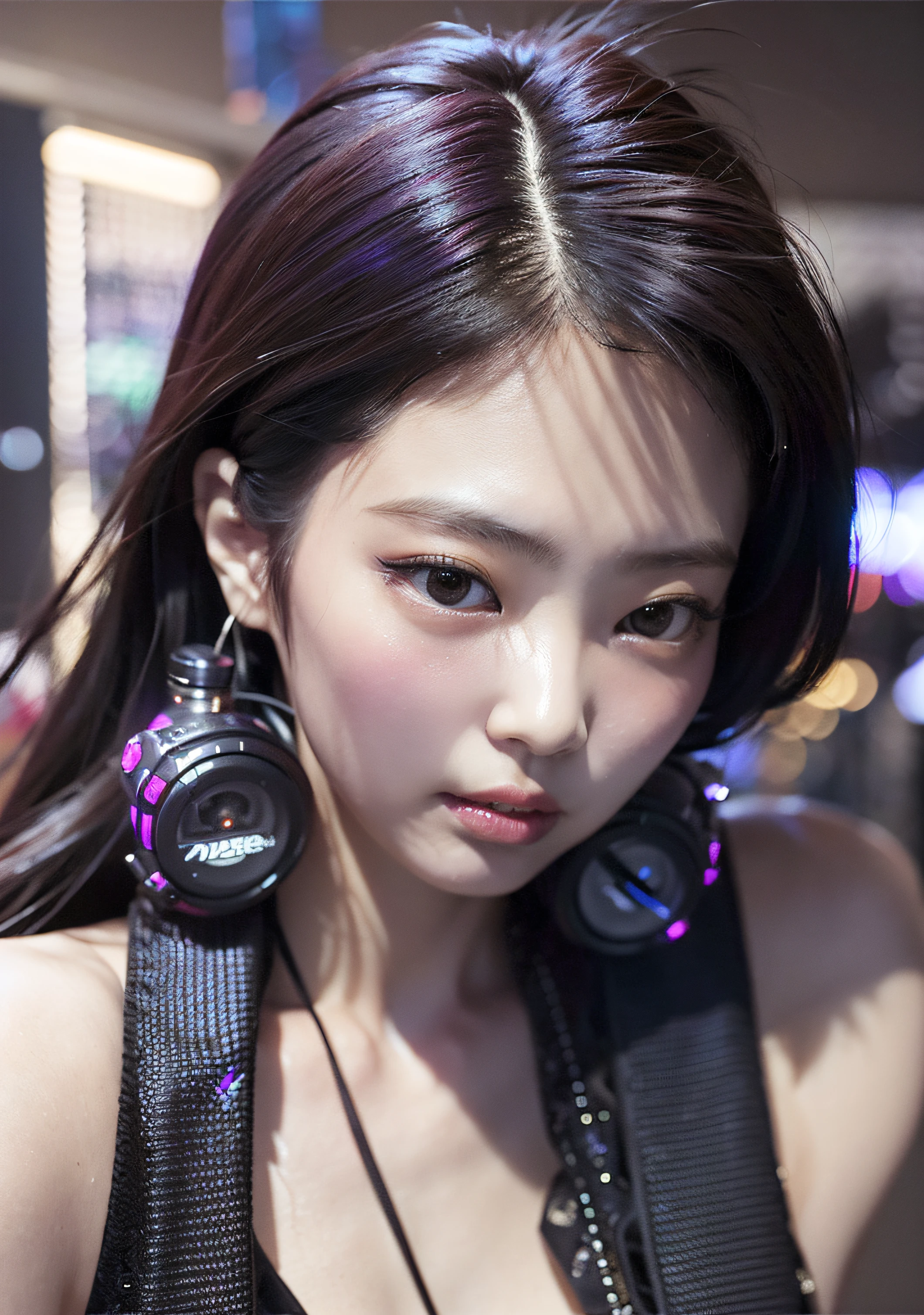 gaming girl, long curly hair, animal ear headphones , glowing skin, purple lens, beautiful face,