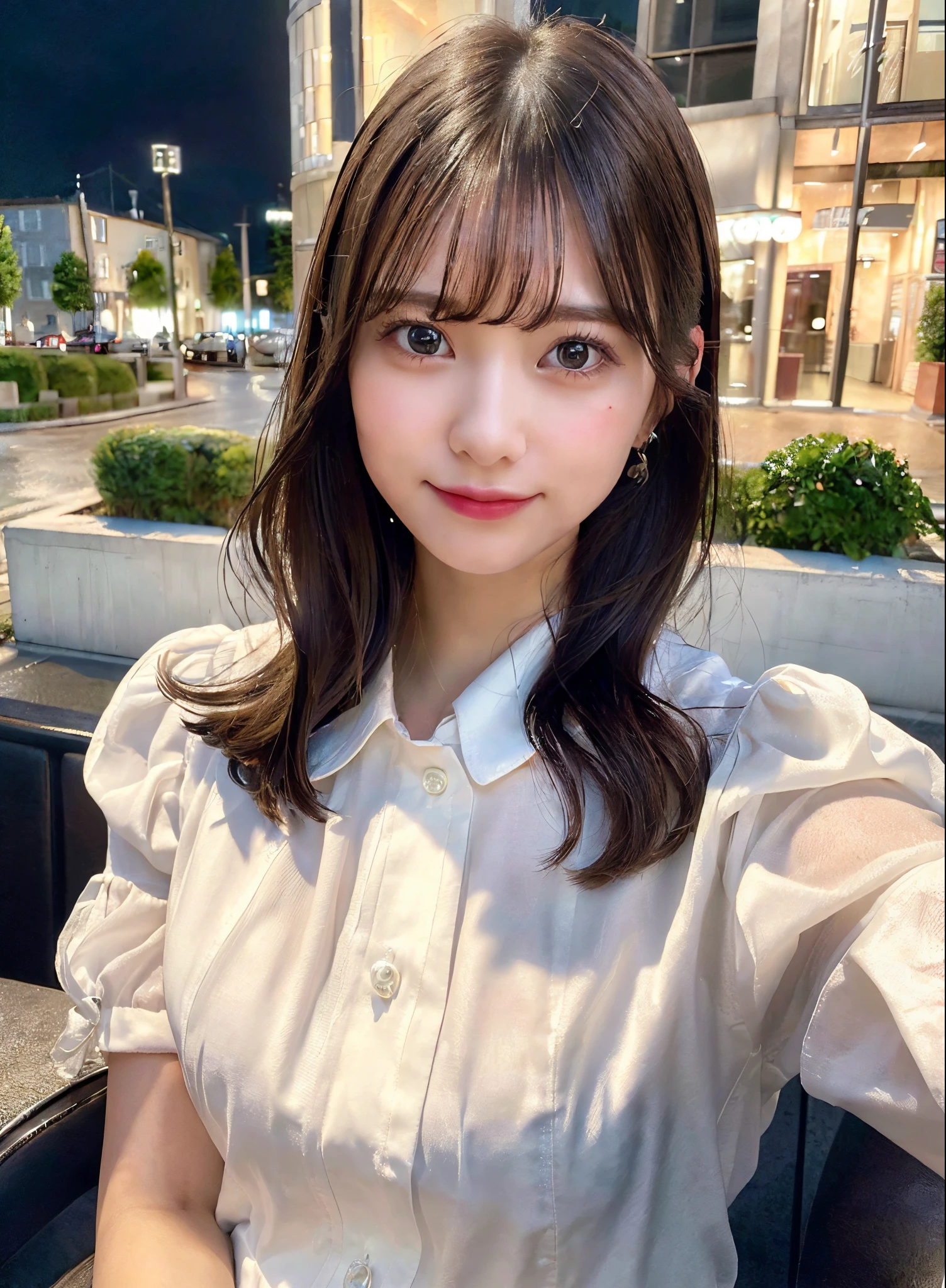 (8k, Best Quality, Masterpiece: 1.2), (Realistic, Photorealistic: 1.37), Super Detailed, 1 Girl, Cute, Alone, Beautiful Detailed Sky, Detailed Cafe, Night, Sitting, Date, ( Nose blush), (smile: 1.15), (close mouth) small breasts, beautiful details, (collared shirt: 1.1), night, wet, business wear, rain, white lace, (short hair: 1.2), floating Hair NovaFrogStyle,
