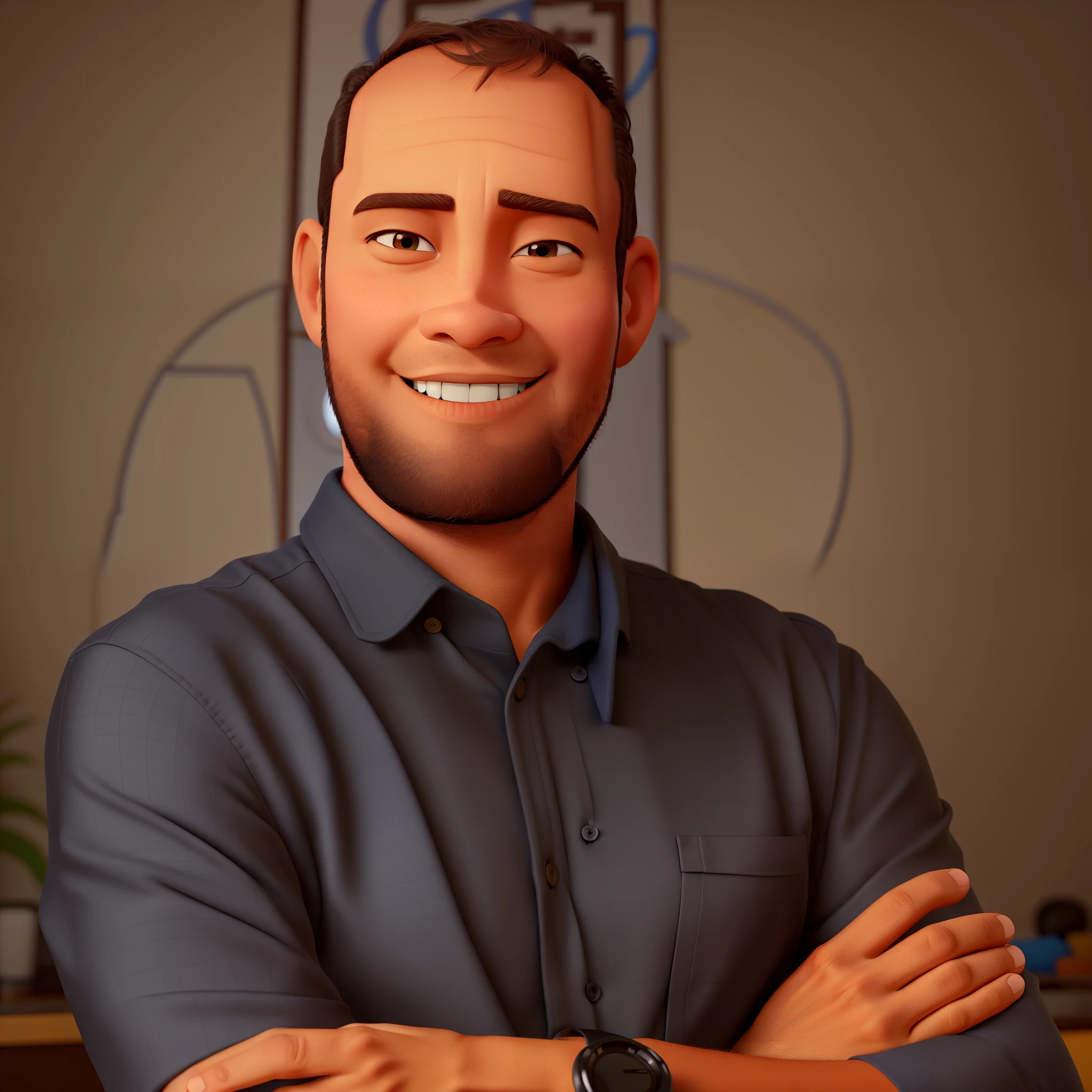 Um homem estilo disney pixar, alta qualidade, melhor qualidade, um homem de pele morena escura, japanese, calvo, com olhos puxados e pequenos, orelhas pontudas, and a friendly smile. Leader, chefe e gerente em um ambiente corporativo.