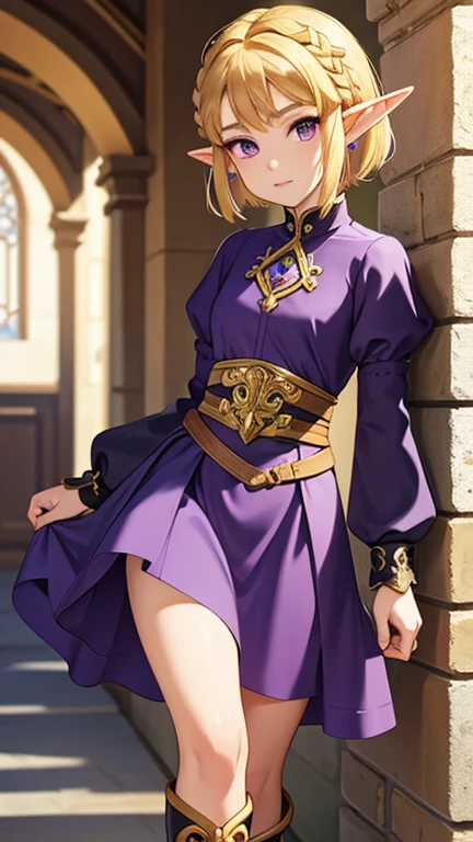 Masterpiece , solo , 1 female , princess Zelda , short hair , blonde hair , purple eyes , small elf like ears , fantasy outfit , purple and black dress , gold accents , long sleeves , high low skirt , looking at viewer , black and gold boots