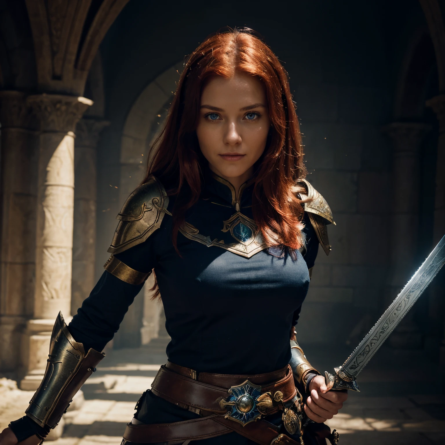 A girl with long, vibrant red hair and bright blue eyes, wearing battle armor, poses in a fantastical setting. She has a smile on her face, radiating determination and strength. The girl is holding a very large and long sword at the hilt, showcasing her power and skill. The image is zoomed out four times, capturing the full scene with a sense of grandeur and awe. The overall quality of the image is of the best quality, with ultra-detailed and realistic details. The artwork is created with the medium of digital fantasy illustration, providing a stunning and immersive visual experience. The color tones are vibrant and eye-catching, adding a touch of magic and enchantment to the scene. The lighting is carefully designed to enhance the girl's heroic presence and the dramatic atmosphere of the setting.