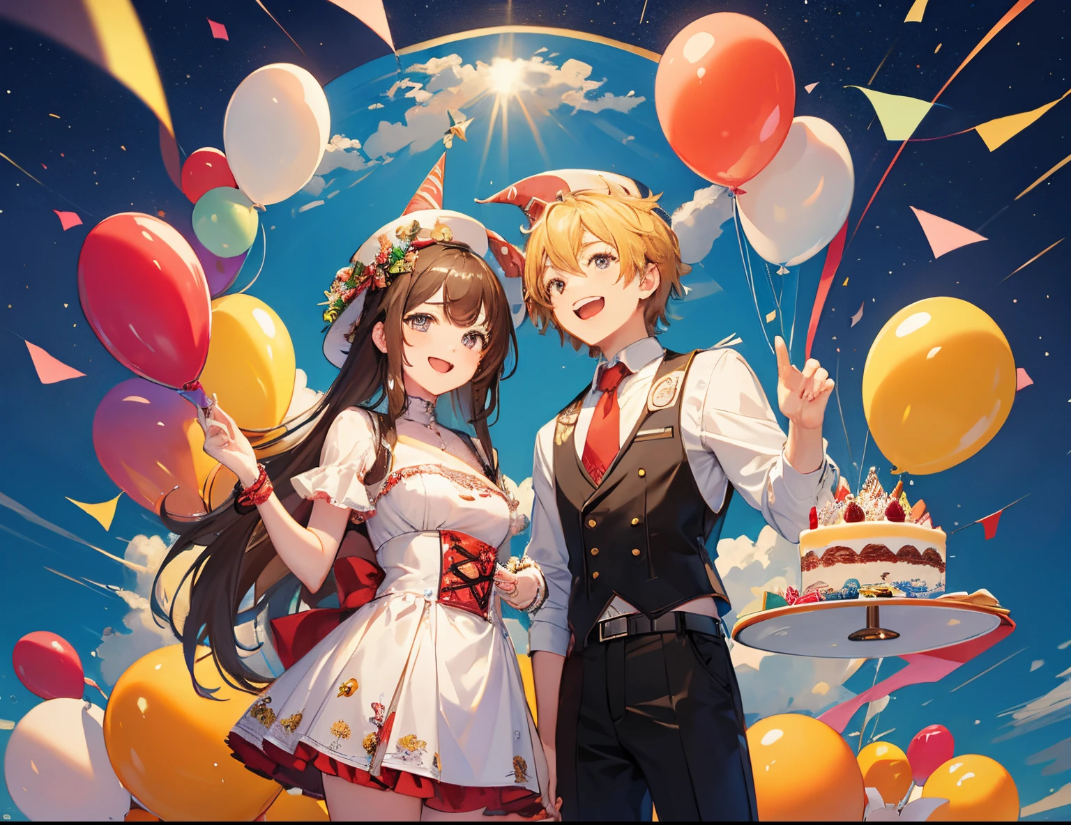 masterpiece, high res,original, 2person, 1female, 1male, birthday,birthday_party,birthday_hat,ballon,cake,birthday_cake,happy,laugh,happy_atmosphere,landscape