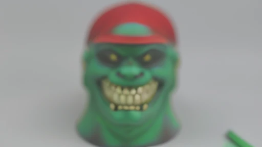 there is a green man with a red hat and a green face, well detailed head with led eyes, green doom guy, inspirado em Yue Minjun, sorriso slasher, monstrous mask, sorrindo sinistramente, sorriso maligno e olhos brilhantes, blurry face, cara aterrorizante, smiling mask, sorriso inquietante, retrato verde do duende, busto, cara assustadora