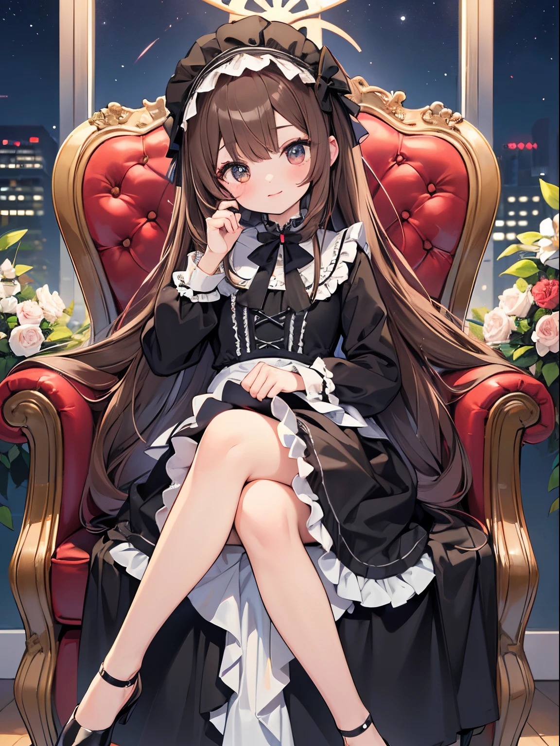 (Top Quality, 4K, High Resolution, Masterpiece), ((Perfect Anatomy)), Cute Girl, Chibi, (Brown Hair, Long Hair, Gradient Eyes), ((👄)), Smile, BREAK, ((Crinoline)) , black gothic ta, (very long skirt: 1.3), sitting on a gorgeous chair, black full bonnet, night