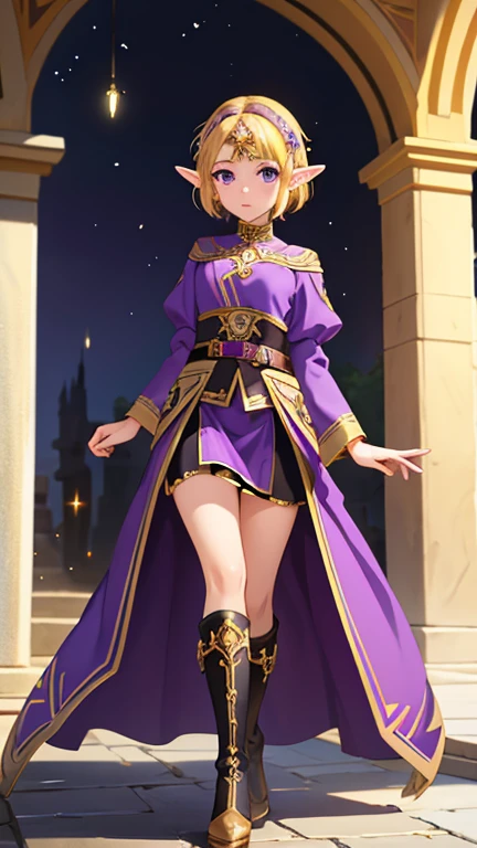 Masterpiece , solo , 1 female , princess Zelda , short hair , blonde hair , purple eyes , small elf like ears , fantasy outfit , purple and black dress , gold accents , long sleeves , high low skirt , looking at viewer , black and gold boots