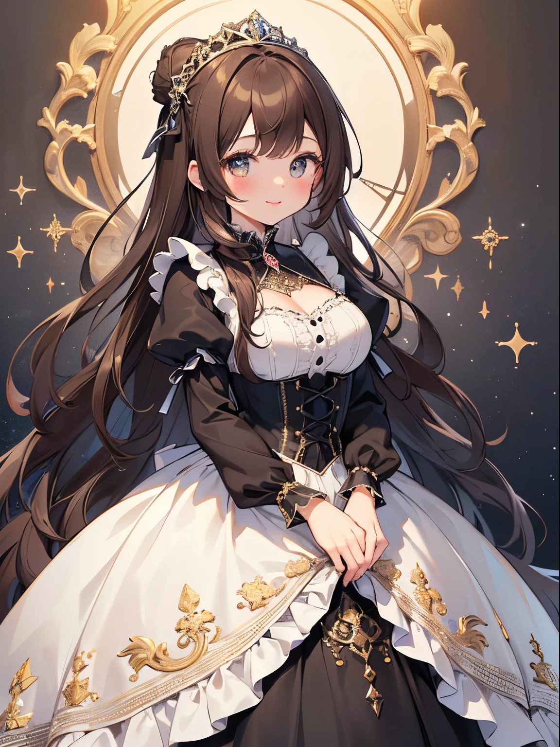 (Top Quality, 4K, High Resolution, Masterpiece), ((Perfect Anatomy)), Cute Girl, Chibi, Brown Hair, Long Hair, gradient eyes ,((👄)), Smile, BREAK, dark lace, victorian silhouette, gothic, Crystallization of clothes, striped cloth, gradient background, Floating light spot, ((Princess in a gorgeous rococo ball gown decorated with beautiful embroidery and jewels, with a voluminous full-length hoop skirt with ruffles)), ((crinoline)), (sparkle), ((🏰))