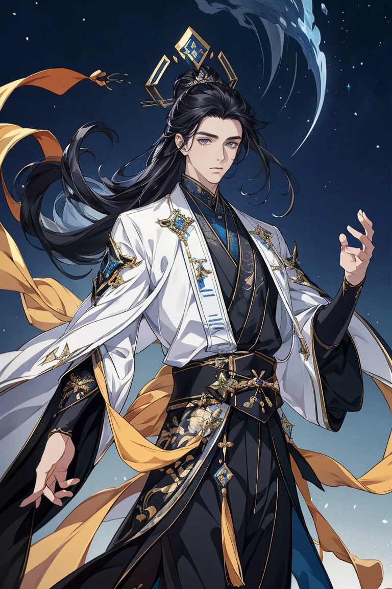 tmasterpiece，male people，the only person，（Best quality）， （1 Antique Man， flowing long black hair，Black Hanfu，Blackn clothes，style of anime, god light,  dynamicposes，starrysky，meteors，rays of moonlight，
