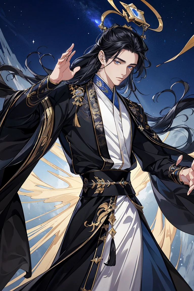 tmasterpiece,male people,the only person,(Best quality), (1 Antique Man, flowing long black hair,Black Hanfu,Blackn clothes,style of anime, god light, dynamicposes,starrysky,meteors,rays of moonlight,