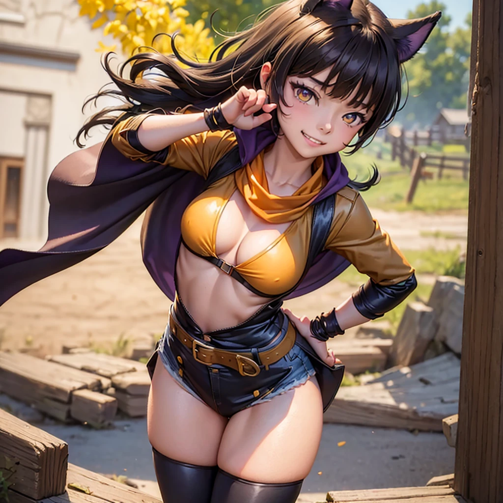 (masterpiece, best quality:1.2), cowboy shot, solo, 1girl, yang xiao long, grin, hand on hip, ahoge, purple eyes, brown jacket, yellow tube top, black shorts, black fingerless gloves, orange scarf, waist cape, midriff, cleavage, large breasts, country lane