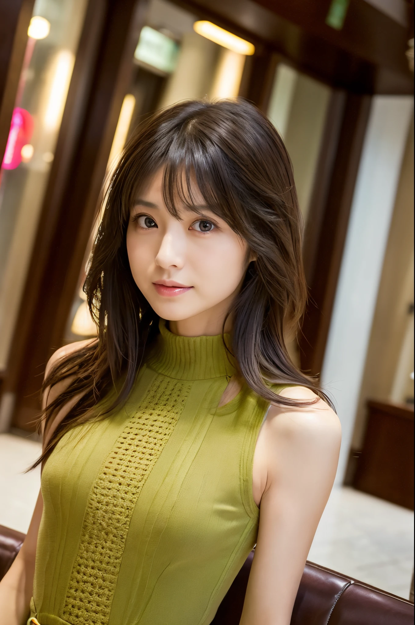 Araffe asian woman in a green dress sitting on a bench - SeaArt AI