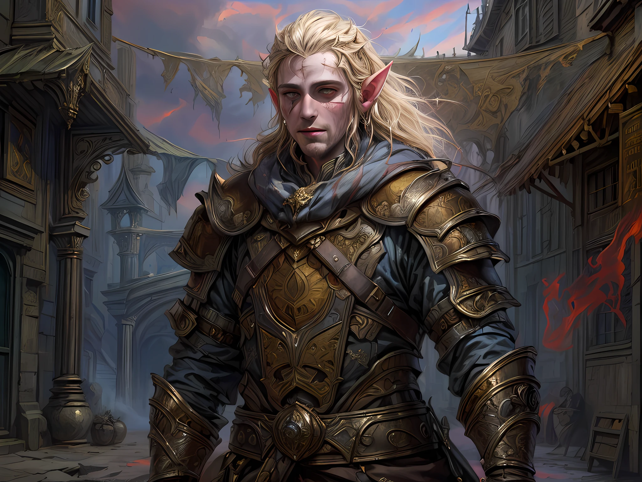 dark fantasy art, dnd art, dark RPG art, wide shot, (masterpiece:1.3), magv1ll,  half elf bard in a fantasy street, full body, intense details, highly detailed, photorealistic, best quality, highres, portrait of 1(male: 1.4) half elf (fantasy art, Masterpiece, best quality: 1half elf, male, thin, pale skin, (dirt on face: 1.2), intense details facial detail (gritty fantasy art, Masterpiece, best quality: 1.4) bard, exquisite beauty, (blond hair: 1.3), (smirking in arrogance: 1.2), (dirt on face: 1.3), (grime on face: 1.3) (small pointed ears: 1.3), intense azure eyeantasy art,  Masterpiece, best quality: 1.3) holding a (small lyre: 1.4) (fantasy art, Masterpiece, best quality: 1.4) wearing heavy (heavy armor, wearing) CM-Beautiful_armor,  wearing leather boots, wearing a cloak, a sword slung on his back (fantasy art, Masterpiece, best quality: 1.3), smiling an arrogant smile, standing in gritty fantasy street, there are (dark red clouds: 1.3) , (dark yellows clouds: 1.3) above, sense of gloom, sense of dread, depth of field, reflection light, high details, best quality, 16k, [ultra detailed], masterpiece, best quality, (extremely detailed), dynamic angle, ultra wide shot, photorealistic, RAW, fantasy art, dnd art, fantasy art, realistic art