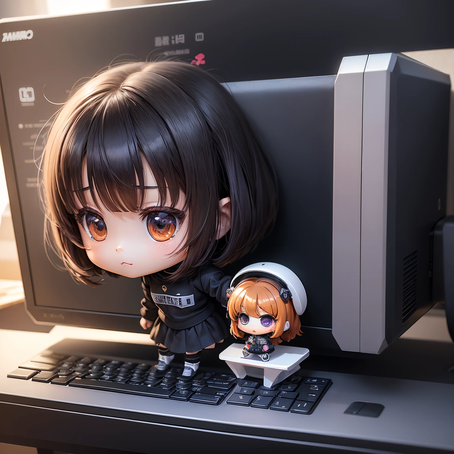 masterpiece、top-quality、ultra-detailliert、(Chibi Chara's Daughter:1.2)、a computer 、keyboard、personal computers