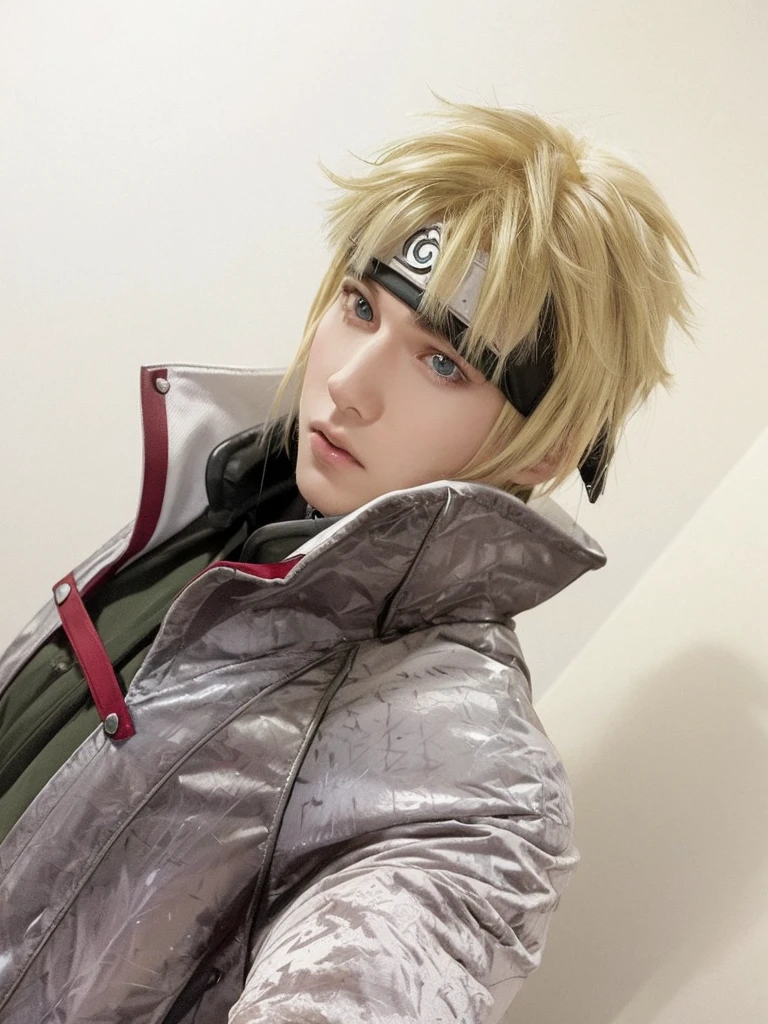young man, pale skin, spiked blonde hair, blue eyes, big lips, white cape, green vest, Minato Namikaze, realistic, 3d, forest