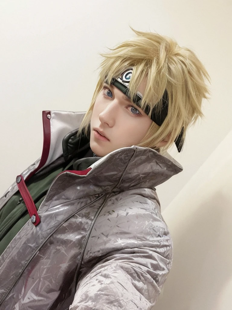 young man, pale skin, spiked blonde hair, blue eyes, big lips, white cape, green vest, Minato Namikaze, realistic, 3d, forest