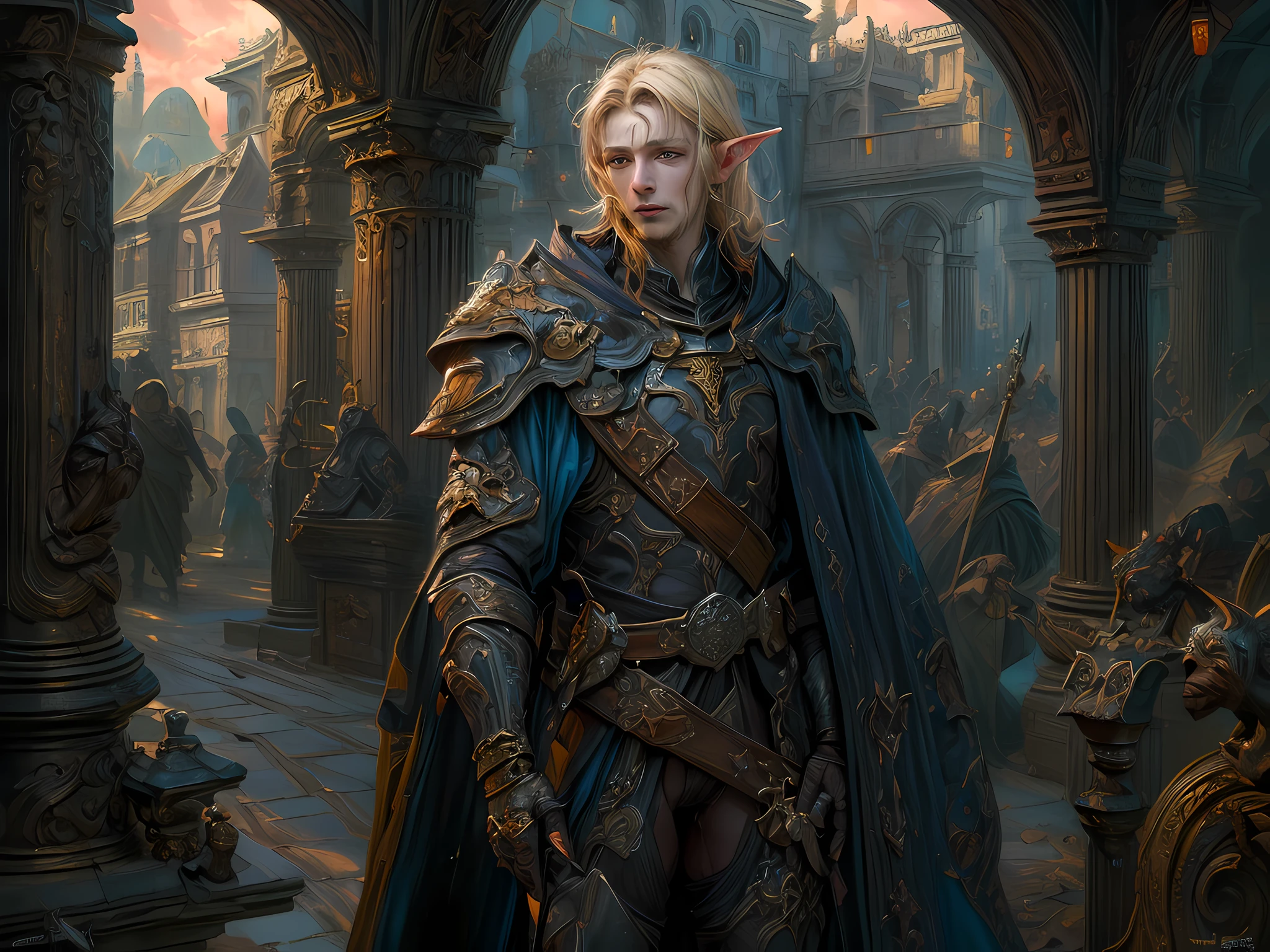 dark fantasy art, dnd art, dark RPG art, wide shot, (masterpiece:1.3), half elf bard in a fantasy street, full body, intense details, highly detailed, photorealistic, best quality, highres, portrait of 1(male: 1.4) half elf (fantasy art, Masterpiece, best quality: 1half elf, male, thin, pale skin, (dirt on face: 1.2), intense details facial detail (gritty fantasy art, Masterpiece, best quality: 1.4) bard, exquisite beauty, (blond hair: 1.3), (smirking in arrogance: 1.2), (dirt on face: 1.3), (grime on face: 1.3) (small pointed ears: 1.2),  intense azure eyeantasy art,  Masterpiece, best quality: 1.3) holding a (small lyre: 1.4) (fantasy art, Masterpiece, best quality: 1.4) wearing heavy (heavy armor, wearing) CM-Beautiful_armor,  wearing leather boots, wearing a cloak, a sword slung on his back (fantasy art, Masterpiece, best quality: 1.3), smiling an arrogant smile, standing in gritty fantasy street, there are (dark red clouds: 1.3) , (dark yellows clouds: 1.3) above, sense of gloom, sense of dread, depth of field, reflection light, high details, best quality, 16k, [ultra detailed], masterpiece, best quality, (extremely detailed), dynamic angle, ultra wide shot, photorealistic, RAW, fantasy art, dnd art, fantasy art, realistic art