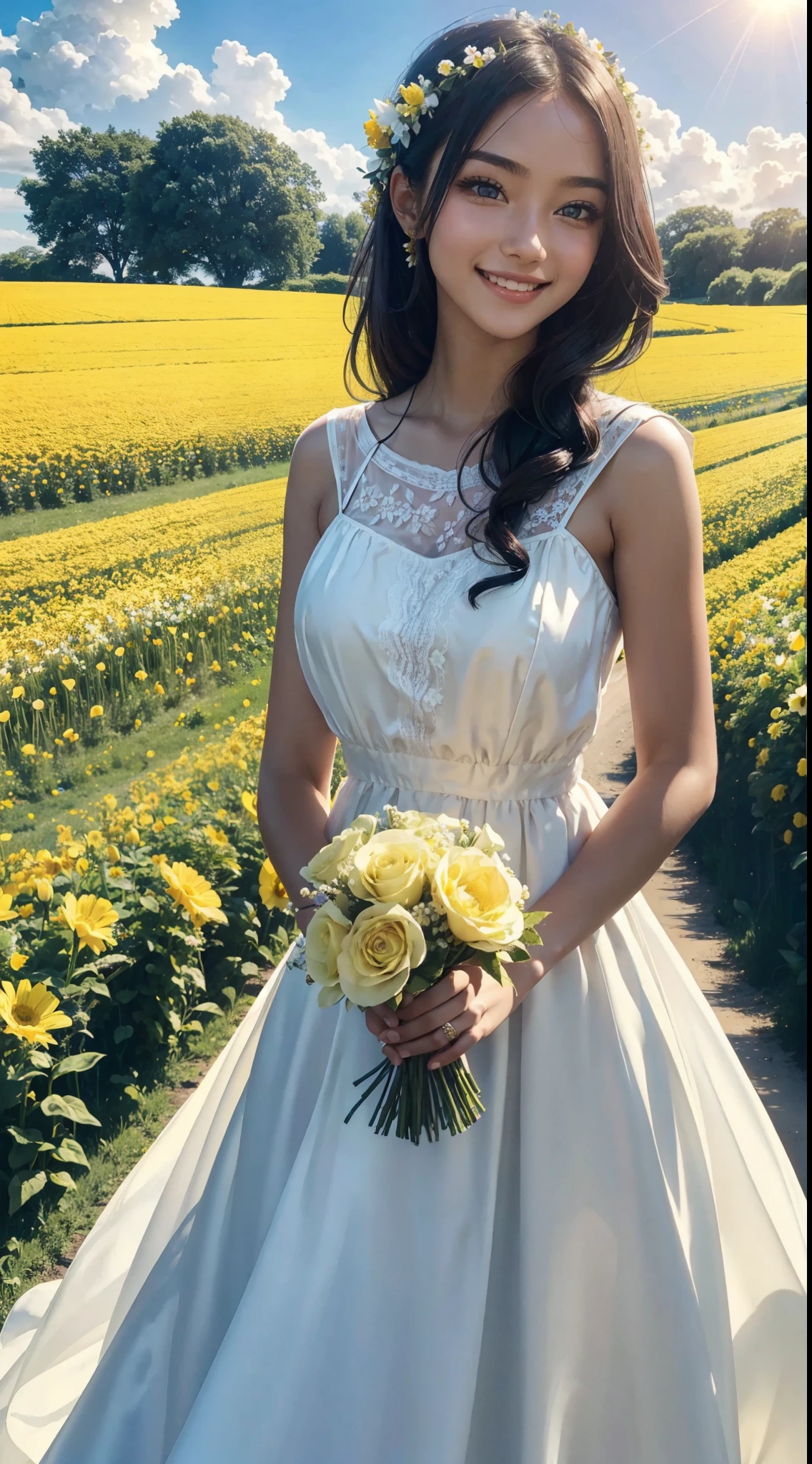 hailey bieber, ((TOPLESS)), holding a bouquet of flowers, bride, TOPLESS, wearing a white wedding dress, queen, happy, wheat field