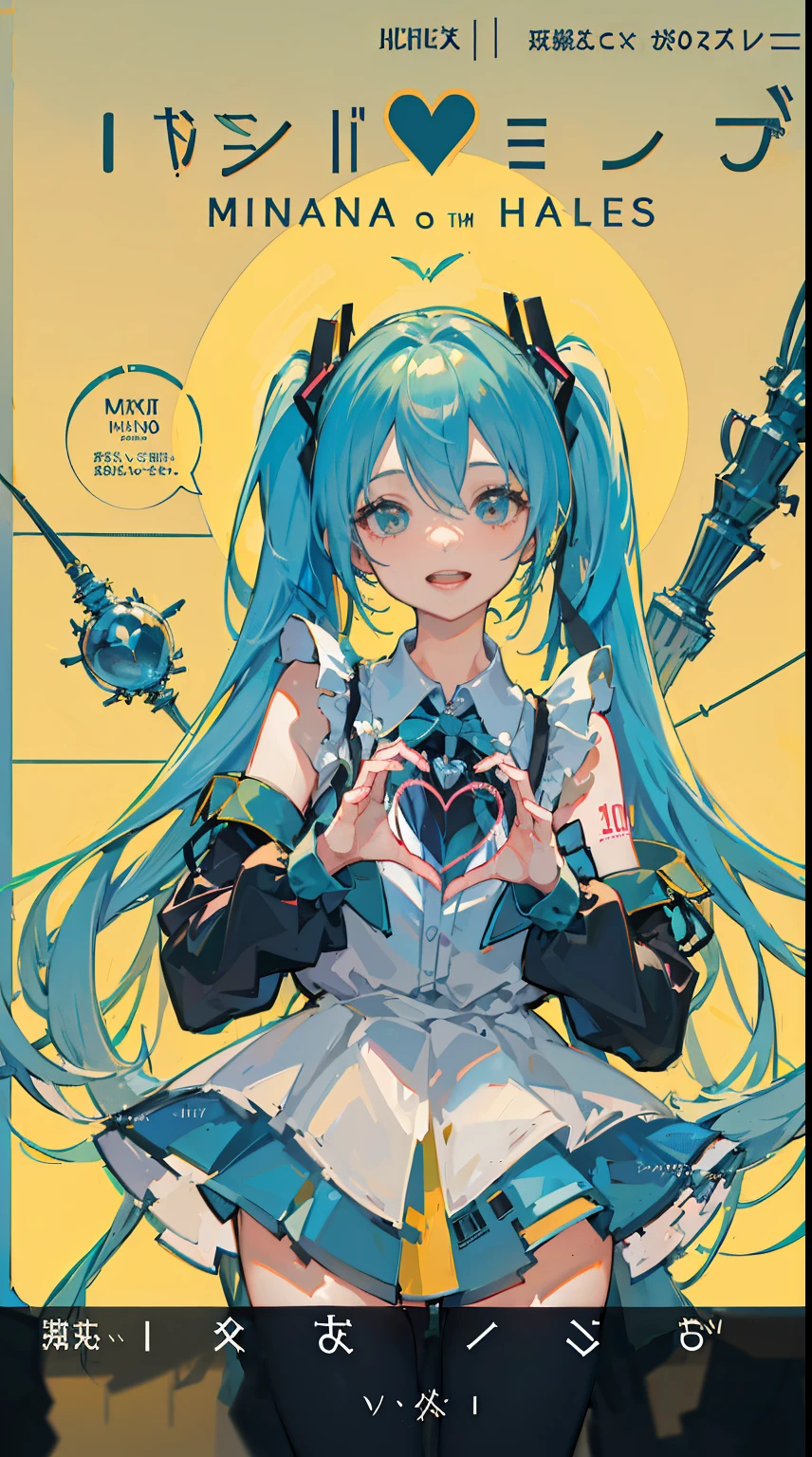 masterpiece,best quality,((((fake phone screenshot)))),1girl,fashionable,absurdres,hires,ultra detailed,hatsune miku,very long hair,twintails,(((heart hands))),smile,hand focus,((((text)))),((((cover page)))),smile,open mouth
