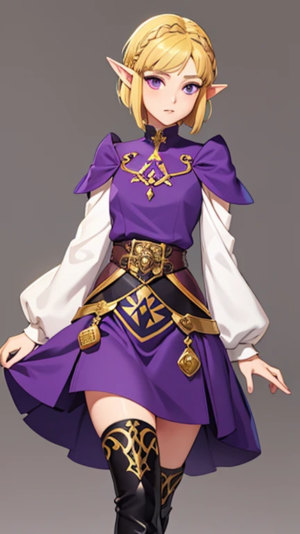 Masterpiece , solo , 1 tall female , full body ,  princess Zelda , short hair , blonde hair , purple eyes , small elf like ears , fantasy outfit , dark purple and black dress , gold accents , long sleeves , high low skirt , black and gold boots