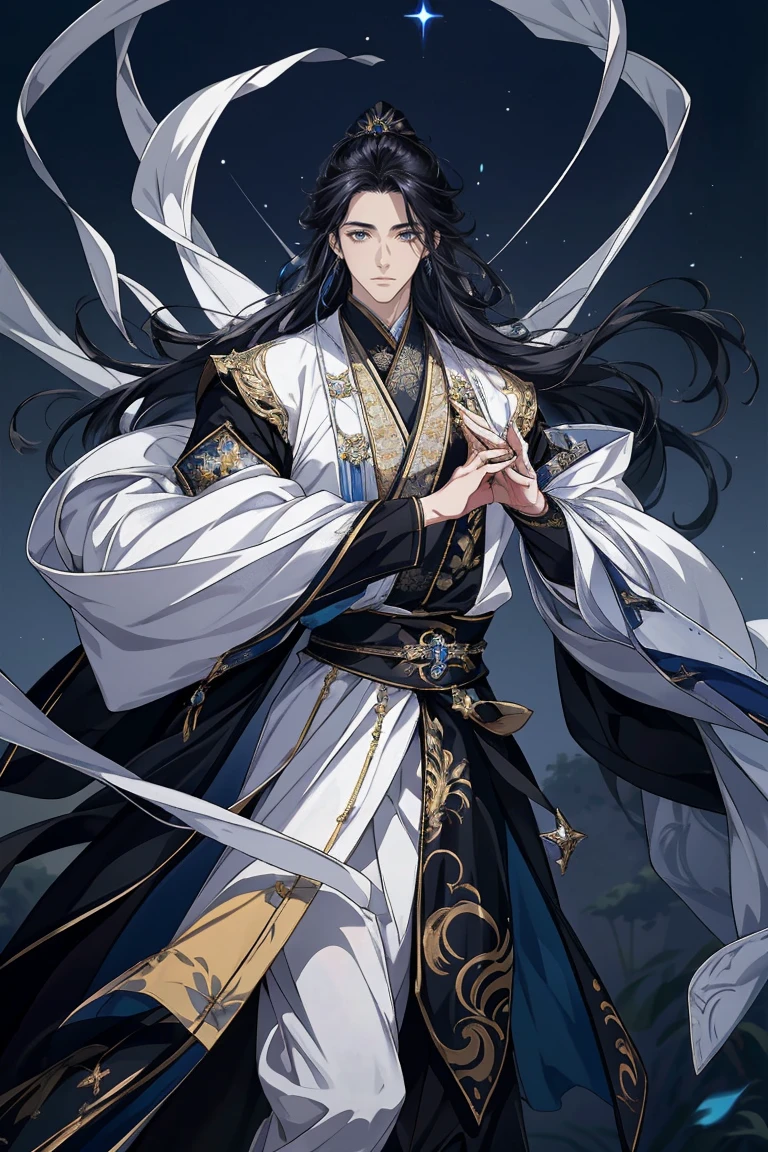 tmasterpiece,male people,the only person,(Best quality), (1 Antique Man, flowing long black hair,Black Hanfu,Blackn clothes,style of anime, god light, dynamicposes,starrysky,meteors,rays of moonlight,