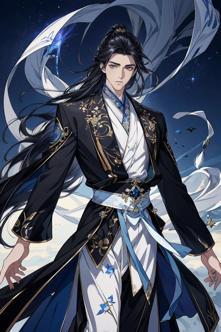 tmasterpiece,male people,the only person,(Best quality), (1 Antique Man, flowing long black hair,Black Hanfu,Blackn clothes,style of anime, god light, dynamicposes,starrysky,meteors,rays of moonlight,