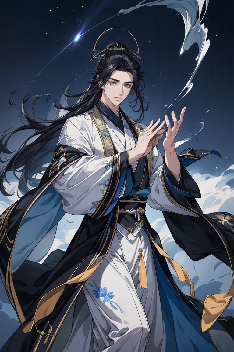 tmasterpiece,male people,the only person,(Best quality), (1 Antique Man, flowing long black hair,Black Hanfu,Blackn clothes,style of anime, god light, dynamicposes,starrysky,meteors,rays of moonlight,