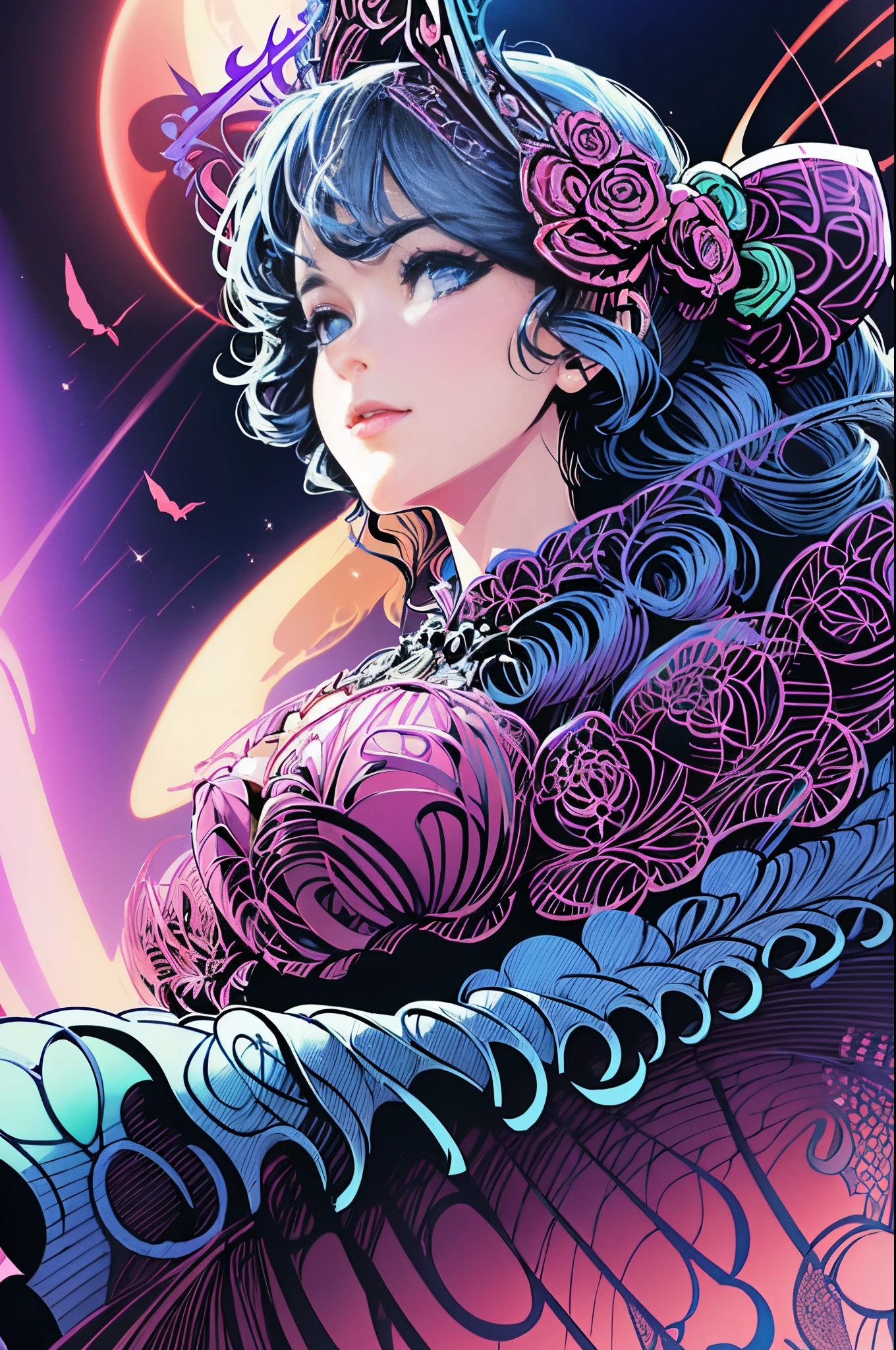 Butterfly motif、Magenta undertones、Vibrant colors、((​masterpiece)))、(((top-quality)))、((ultra-detailliert))、(A hyper-realistic)、(highly detailed CGillustration）、Official art、Luxembourg in the early 20th century、Decadent、Madame Papillon、Cool Beauty、Masquerade、sophisticated menegance、Gorgeous、Colorful and detailed mask design、matchless beauty、Fans、gorgeous dress、jewely、Female Solo、Perfect Angle、perfect-composition
