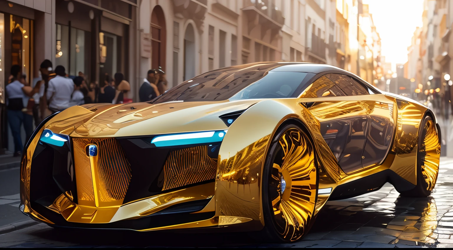 un primer plano de un coche plateado en una calle de la ciudad, Futuristic gold chrome vehicle, coche futurista, muy futurista, Coches futuristas, Concept Car, Estilo futurista, Concept car futurista, futuristic design, Concepto de coche futurista, cromo reflejan, reflejo dorado, Majestuoso y futurista, vidrio y orol : : oro, futuristic, Producto futurista coche disparo, stunning high tech