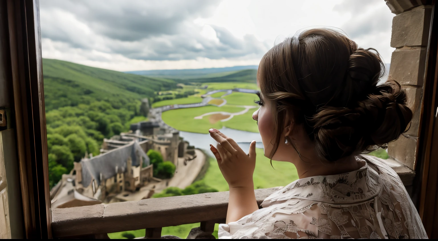 bbw princess looking out of a castle window in fear as an army storms the castle