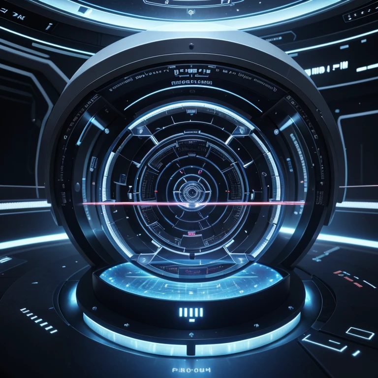 Develop a visual representation of a futuristic matter manipulation machine approximately 50 centimeters in size. The machine must be composed of magnetic force emitters arranged around a central core. Highlight three-dimensional holographic interface, the advanced control panel and the ability to project highly controlled magnetic fields to interact with matter.
