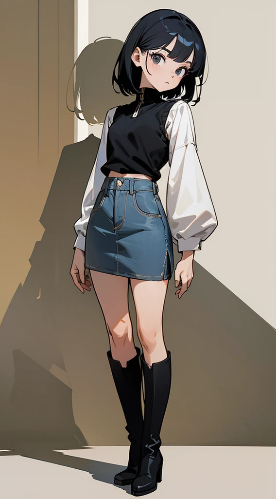 illustration, 2.5D, flat colors: 1.3, Line-Art, black and white, (detailed lights, detailed shadows),arafed woman in a short skirt and knee high boots posing for a picture, photo of slim girl model, wearing a camisole and boots, full body cute young lady, korean women's fashion model, 155 cm tall, 165 cm tall, mini jeans skirt, casual modern clothing, wearing black vest and skirt, minkirt, high boots((modern clothes )) Looking at the Viewer, looking at the camera,