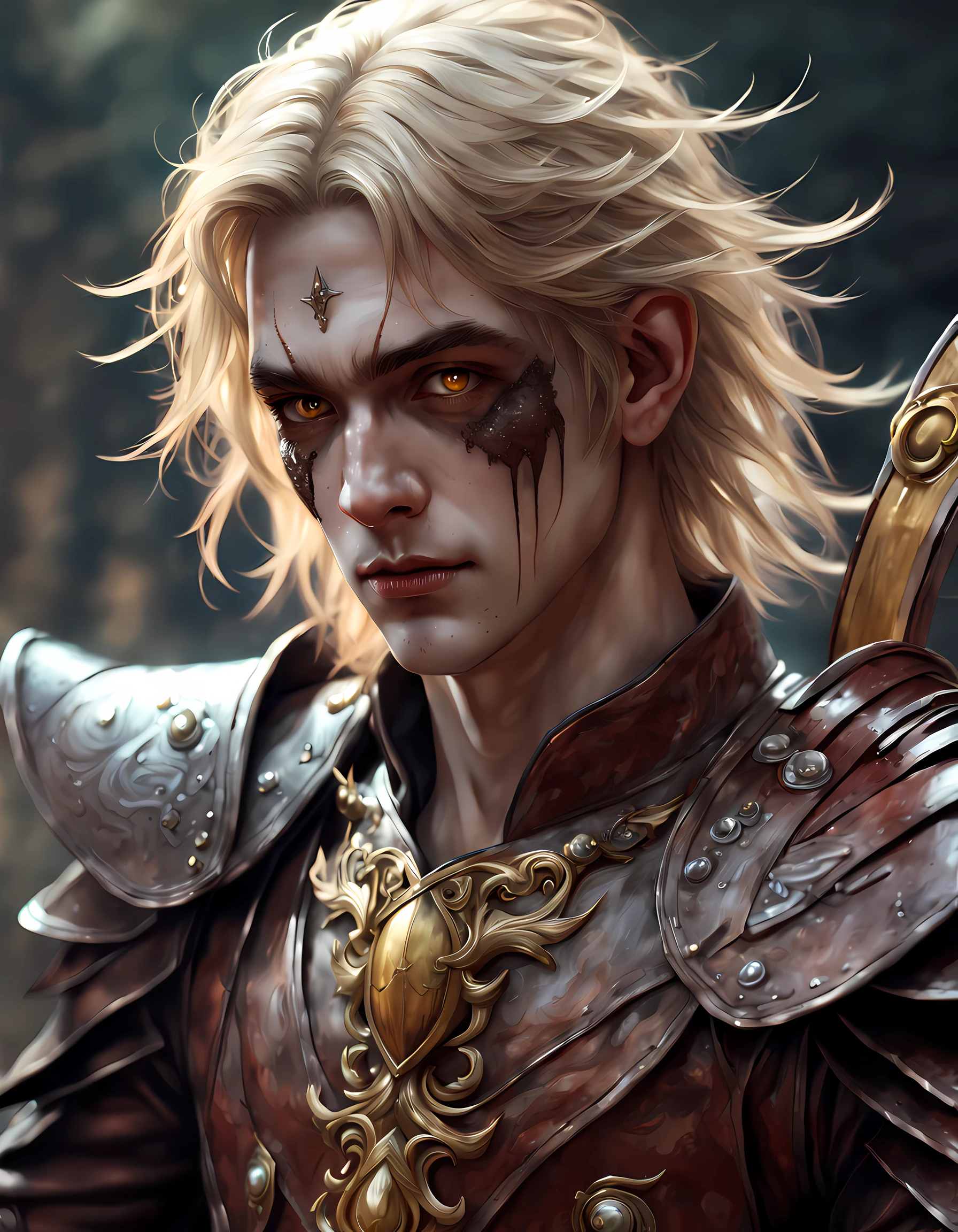 dark fantasy art, dnd art, dark RPG art, wide shot, dirty hero, (masterpiece:1.3), full body, intense details, highly detailed, photorealistic, best quality, highres, portrait of 1(male: 1.4) half elf (fantasy art, Masterpiece, best quality: pale skin, (dirt on face: 1.2), intense details facial detail (gritty fantasy art, Masterpiece, best quality: 1.4) bard, exquisite beauty, (blond hair: 1.3), (smirking in arrogance: 1.2), (dirt on face: 1.3), (grime on face: 1.3) intense azure eyeantasy art Masterpiece, best quality: 1.3) holding a (small lyre: 1.4) (fantasy art, Masterpiece, best quality: 1.4) wearing heavy (heavy armor, wearing) F41Arm0rXL wearing leather boots, wearing a cloak, a sword slung on his back (fantasy art, Masterpiece, best quality: 1.3), smiling an arrogant smile, standing in gritty fantasy street, there are (dark red clouds: 1.3) , (dark yellows clouds: 1.3) above, sense of gloom, sense of dread, depth of field, reflection light, high details, best quality, 16k, [ultra detailed], masterpiece, best quality, (extremely detailed), dynamic angle, ultra wide shot, photorealistic, RAW, fantasy art, dnd art, fantasy art, realistic art