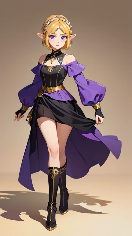 Masterpiece , 1FEMALE , tall , solo , princess Zelda , short hair , blonde hair , blue eyes , small elf like ears , full body , purple and black dress with gold accents , black and gold boots , long sleeves , off the shoulders , corset top , high low skirt