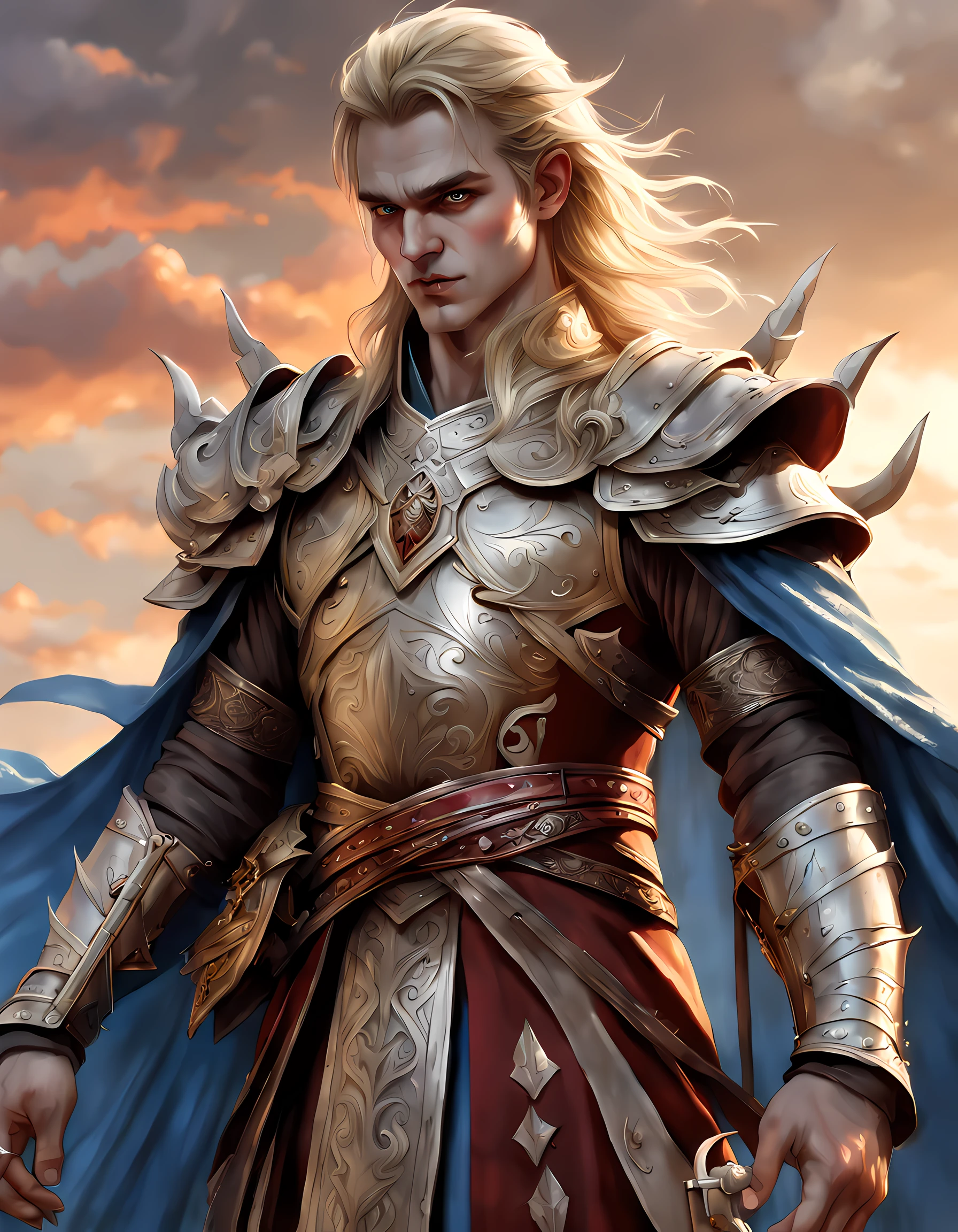 dark fantasy art, dnd art, dark RPG art, wide shot, dirty hero, (masterpiece:1.3), full body, intense details, highly detailed, photorealistic, best quality, highres, portrait of 1(male: 1.4) half elf (fantasy art, Masterpiece, best quality: pale skin, (dirt on face: 1.2), intense details facial detail (gritty fantasy art, Masterpiece, best quality: 1.4) bard, exquisite beauty, (blond hair: 1.3), (smirking in arrogance: 1.2), (dirt on face: 1.3), (grime on face: 1.3) intense azure eyeantasy art Masterpiece, best quality: 1.3) holding a (small lyre: 1.4) (fantasy art, Masterpiece, best quality: 1.4) wearing heavy (heavy armor, wearing) F41Arm0rXL wearing leather boots, wearing a cloak, a sword slung on his back (fantasy art, Masterpiece, best quality: 1.3), smiling an arrogant smile, standing in gritty fantasy street, there are (dark red clouds: 1.3) , (dark yellows clouds: 1.3) above, sense of gloom, sense of dread, depth of field, reflection light, high details, best quality, 16k, [ultra detailed], masterpiece, best quality, (extremely detailed), dynamic angle, ultra wide shot, photorealistic, RAW, fantasy art, dnd art, fantasy art, realistic art