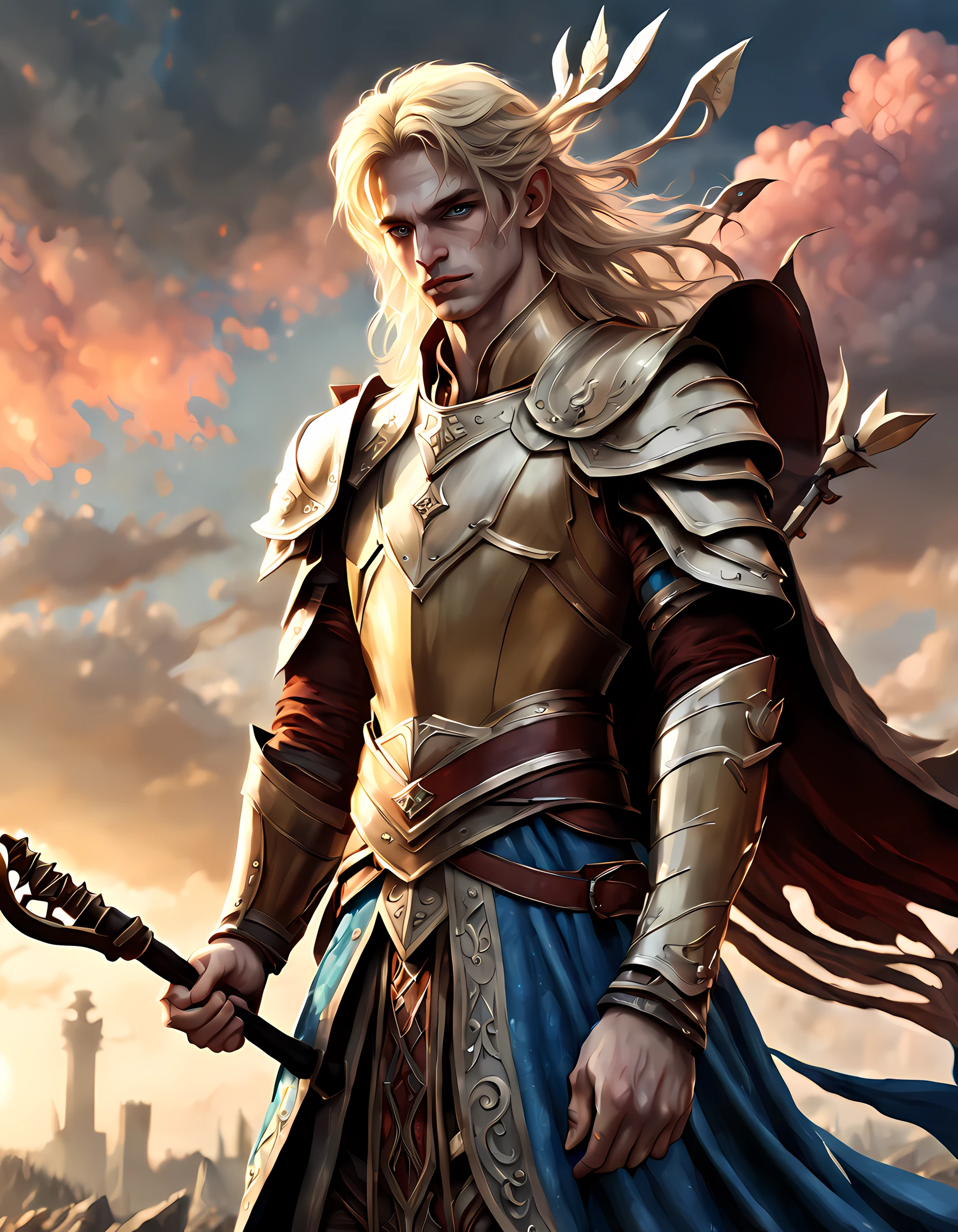 dark fantasy art, dnd art, dark RPG art, wide shot, dirty hero, (masterpiece:1.3), full body, intense details, highly detailed, photorealistic, best quality, highres, portrait of 1(male: 1.4) half elf (fantasy art, Masterpiece, best quality: pale skin, (dirt on face: 1.2), intense details facial detail (gritty fantasy art, Masterpiece, best quality: 1.4) bard, exquisite beauty, (blond hair: 1.3), (smirking in arrogance: 1.2), (dirt on face: 1.3), (grime on face: 1.3) intense azure eyeantasy art Masterpiece, best quality: 1.3) holding a (small lyre: 1.4) (fantasy art, Masterpiece, best quality: 1.4) wearing heavy (heavy armor, wearing) F41Arm0rXL wearing leather boots, wearing a cloak, a sword slung on his back (fantasy art, Masterpiece, best quality: 1.3), smiling an arrogant smile, standing in gritty fantasy street, there are (dark red clouds: 1.3) , (dark yellows clouds: 1.3) above, sense of gloom, sense of dread, depth of field, reflection light, high details, best quality, 16k, [ultra detailed], masterpiece, best quality, (extremely detailed), dynamic angle, ultra wide shot, photorealistic, RAW, fantasy art, dnd art, fantasy art, realistic art