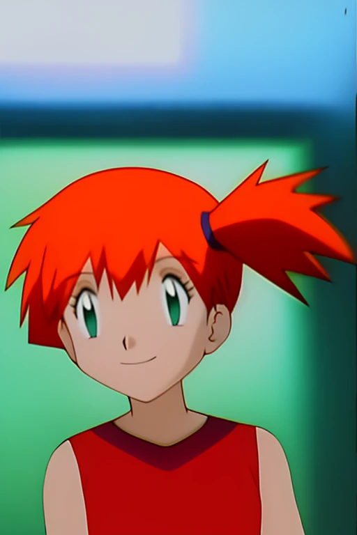misty, 1girl, solo, smile, short_hair, bangs, hair_between_eyes, bare_shoulders, closed_mouth, green_eyes, upper_body, sleeveless, indoors, orange_hair, side_ponytail, looking_to_the_side, bare_arms, eyelashes, blurry_background, looking_at_viewer, little_red_dress, bare_shoulders, split_mouth