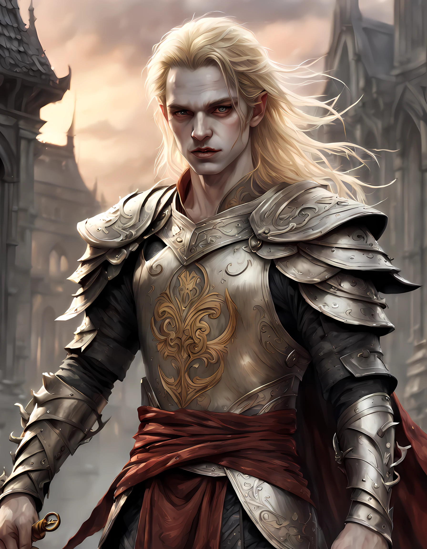 dark fantasy art, dnd art, dark RPG art, wide shot, dirty hero, (masterpiece:1.3), full body, intense details, highly detailed, photorealistic, best quality, highres, portrait of 1(male: 1.4) half elf (fantasy art, Masterpiece, best quality: pale skin, (dirt on face: 1.2), intense details facial detail (gritty fantasy art, Masterpiece, best quality: 1.4) bard, exquisite beauty, (blond hair: 1.3), (smirking in arrogance: 1.2), (dirt on face: 1.3), (grime on face: 1.3) intense azure eyeantasy art Masterpiece, best quality: 1.3) holding a (small lyre: 1.4) (fantasy art, Masterpiece, best quality: 1.4) wearing heavy (heavy armor, wearing) F41Arm0rXL wearing leather boots, wearing a cloak, a sword slung on his back (fantasy art, Masterpiece, best quality: 1.3), smiling an arrogant smile, standing in gritty fantasy street, there are (dark red clouds: 1.3) , (dark yellows clouds: 1.3) above, sense of gloom, sense of dread, depth of field, reflection light, high details, best quality, 16k, [ultra detailed], masterpiece, best quality, (extremely detailed), dynamic angle, ultra wide shot, photorealistic, RAW, fantasy art, dnd art, fantasy art, realistic art