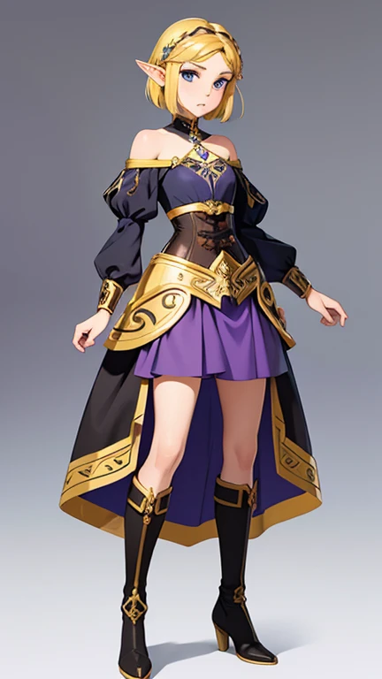 Masterpiece , 1FEMALE , tall , solo , princess Zelda , short hair , blonde hair , blue eyes , small elf like ears , full body , purple and black dress with gold accents , black and gold boots , long sleeves , off the shoulders , corset top , high low skirt