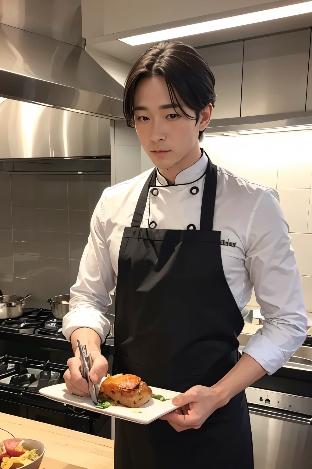 male cook holding a knife、whole body standing sideways