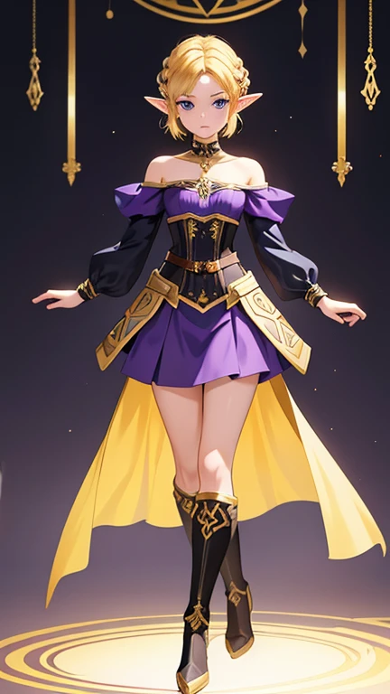 Masterpiece , 1FEMALE , tall , solo , princess Zelda , short hair , blonde hair , blue eyes , small elf like ears , full body , purple and black dress with gold accents , black and gold boots , long sleeves , off the shoulders , corset top , high low skirt