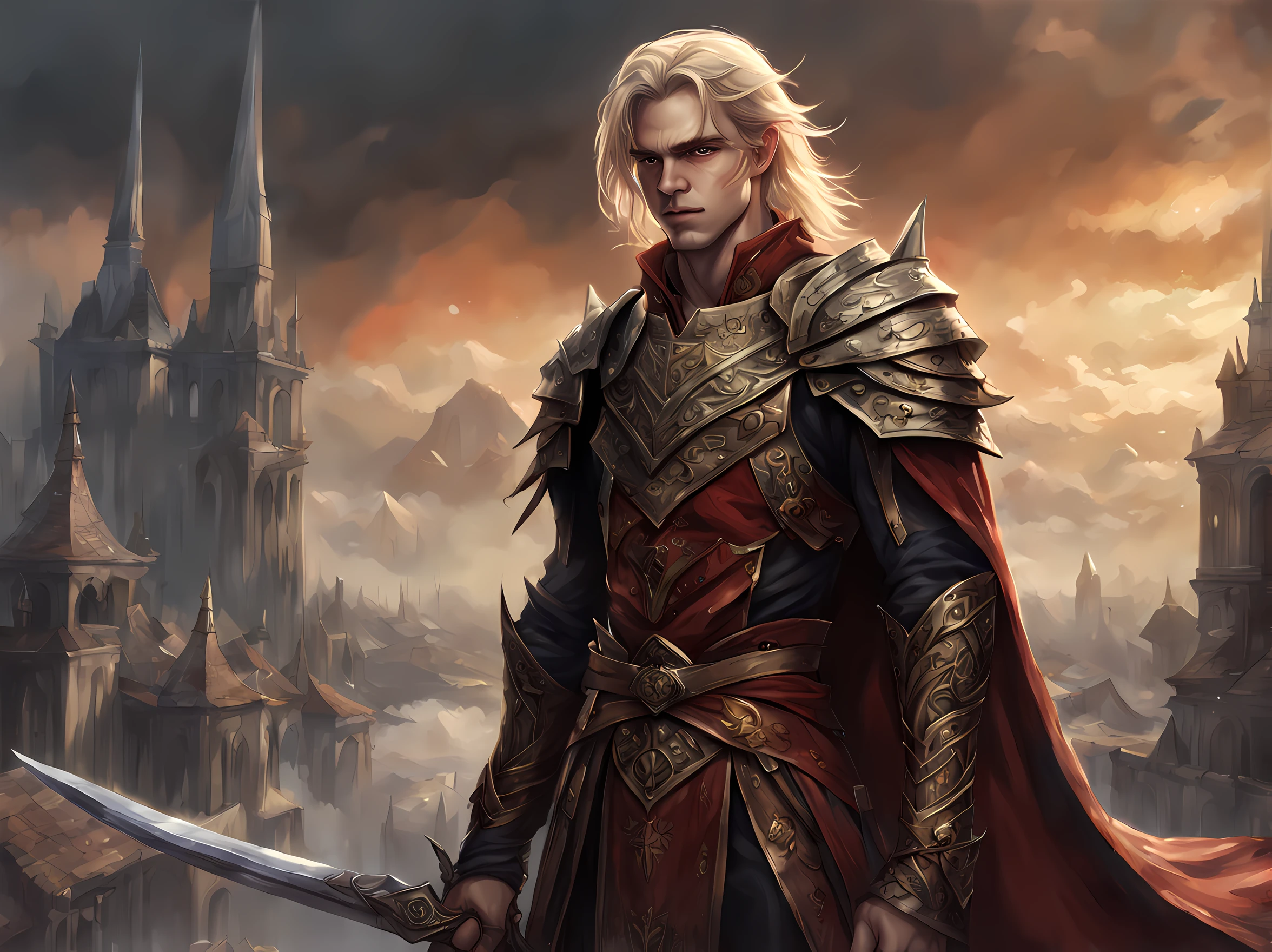 dark fantasy art, dnd art, dark RPG art, wide shot, dirty hero, (masterpiece:1.3), full body, intense details, highly detailed, photorealistic, best quality, highres, portrait of 1(male: 1.4) half elf (fantasy art, Masterpiece, best quality: pale skin, (dirt on face: 1.2), intense details facial detail (gritty fantasy art, Masterpiece, best quality: 1.4) bard, exquisite beauty, (blond hair: 1.3), smirking in arrogance, (dirt on face: 1.3), (grime on face: 1.3) intense eyes fantasy art (Masterpiece, best quality: 1.3) holding a (small lyre: 1.4) (fantasy art, Masterpiece, best quality: 1.4) wearing heavy (heavy armor, wearing) F41Arm0rXL wearing leather boots, wearing a cloak, a sword slung on his back (fantasy art, Masterpiece, best quality: 1.3), smiling an arrogant smile, standing in gritty fantasy street, there are (dark red clouds: 1.3) , (dark yellows clouds: 1.3) above, sense of gloom, sense of dread, depth of field, reflection light, high details, best quality, 16k, [ultra detailed], masterpiece, best quality, (extremely detailed), dynamic angle, ultra wide shot, photorealistic, RAW, fantasy art, dnd art, fantasy art, realistic art
