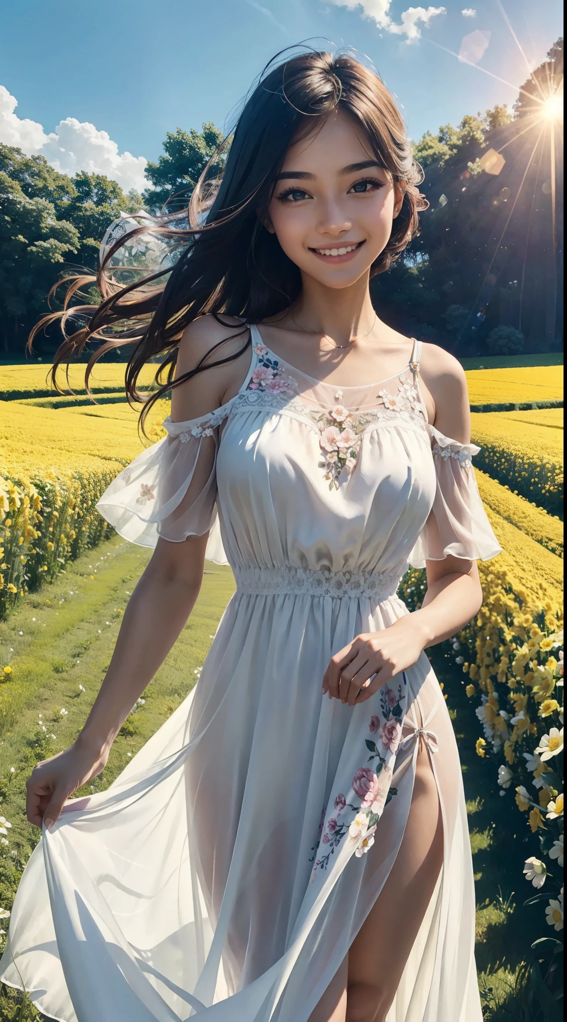 an extremely beautiful girl, with intrinsic details, totally out of the ordinary, with a beautiful smile, wearing a beautiful silk dress, in a flower field, alone, on a sunny summer day