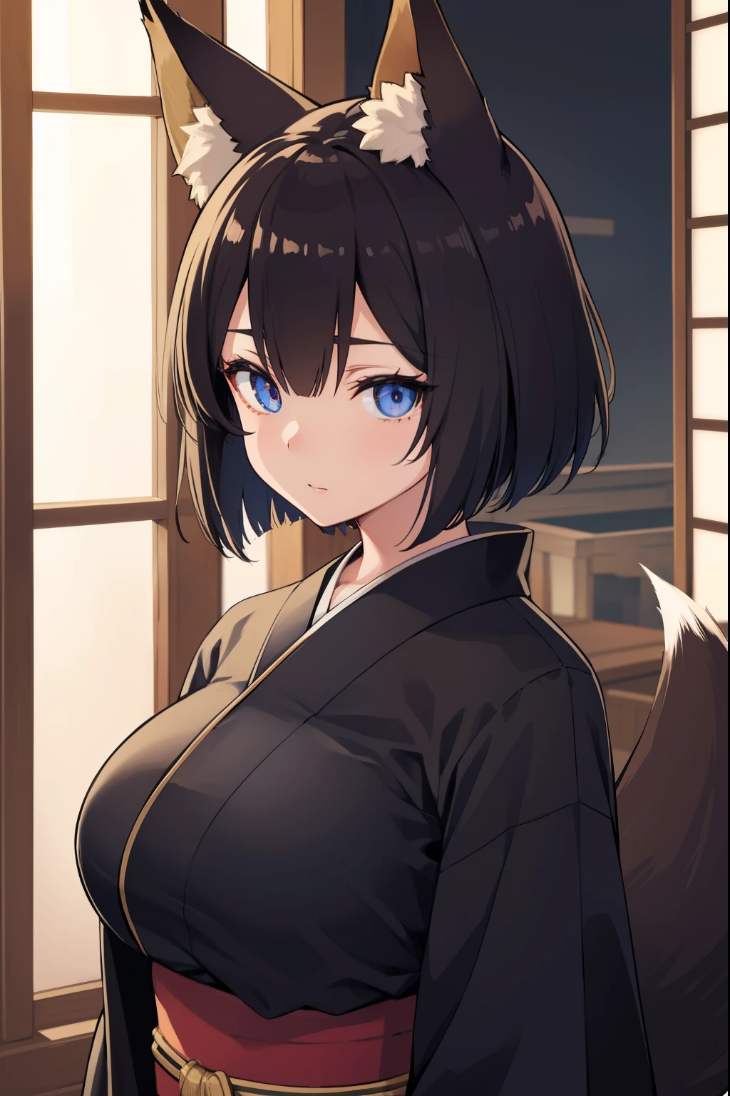 animal ear fluff, Animal ears, Fox ears, Fox Girl, Fox tail, short-haired black color,, tail, Kimono, Huge breasts pushing up the kimono, Cold eyes,On the porch of the Japanese-style room,
looking at the viewers, 
BREAK (masutepiece:1.2), Best Quality, High resolution, Unity 8k壁纸, (Illustration:0.8), (Beautiful detailed eyes:1.6), extra detailed face, Perfect Lighting, extremely details CG, (Perfect hands, Perfect Anatomy),Upper body portrait