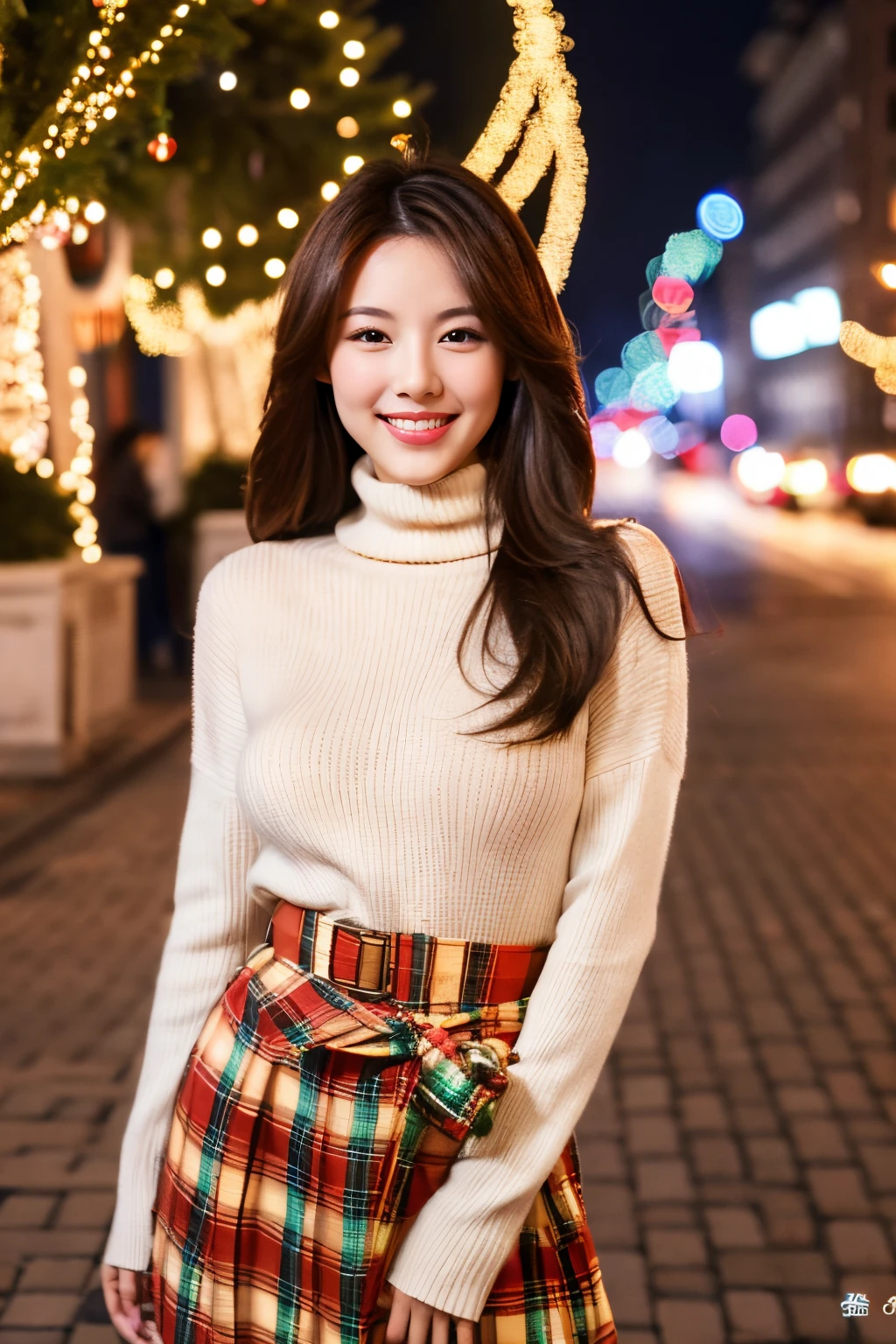 Masterpiece, top quality, high resolution, amazingly beautiful woman, not sexy fashion, wearing turtleneck sweater, plaid skirt, straight hair, small breasts, natural colored lips, smiling, Christmas night pavement, Gorgeous Christmas illumination background, looking at camera, ((waist shot)),