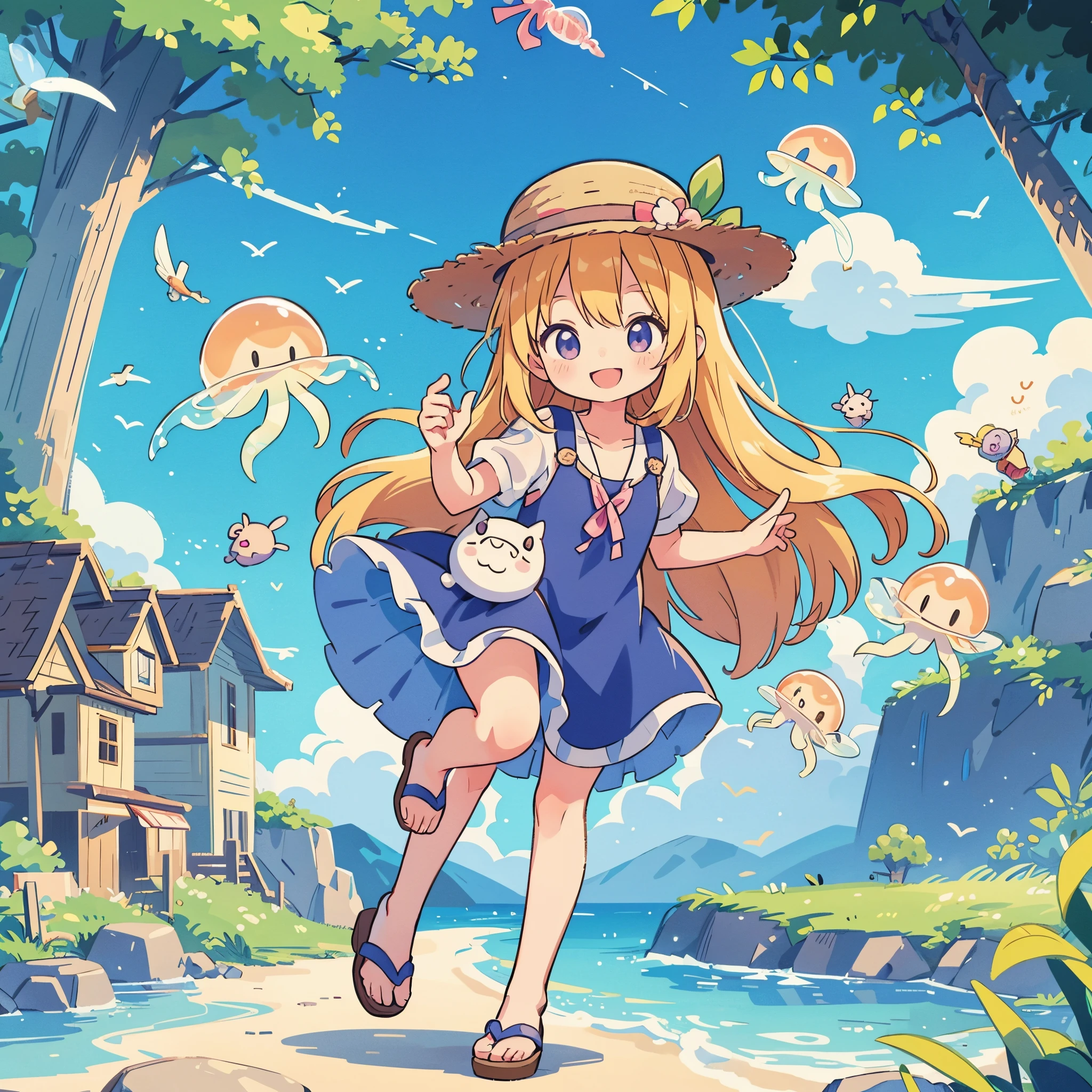 Long shot, doll dressed in flight, doll wearing one piece and straw hat, photo of PIXIV contest winner, pop-up parade figure, Good Smile Company anime style, jellyfish, anime figure, Good Smile Company fantasy