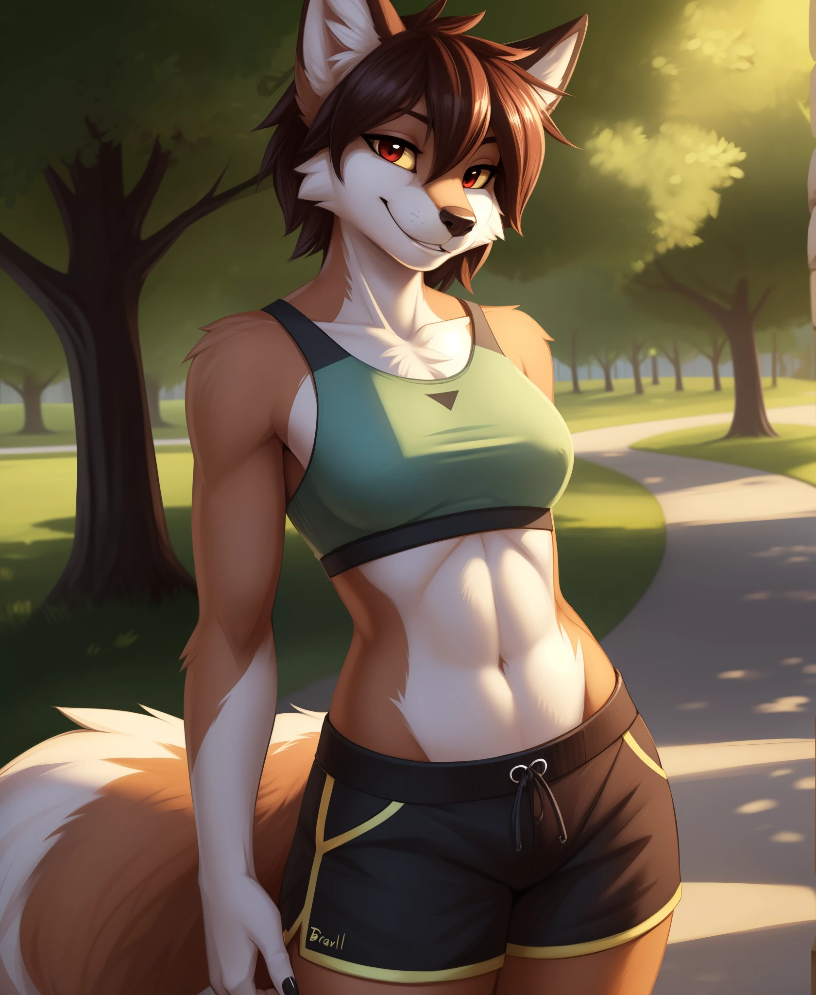 (best quality, masterpiece:1), solo, furry female anthro, fur texture, red eyes, yellow sclera, (crop top, midriff, booty shorts), (smile, seductive smile), blushing, fingers, finger claws, sexy pose, looking at viewer, medium hair, parted lips, seductive, fox tail, (outdoors, park), upper body shot, by zackary911, by fluff-kevlar, by wizzikt, by ruaidri, by braeburned, by dacad, by zaush