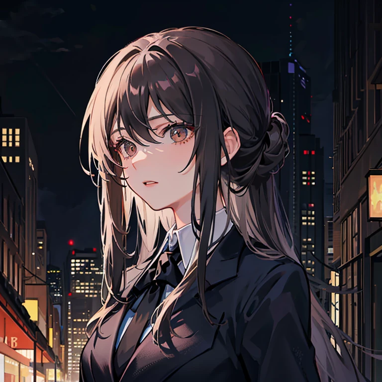 Masterpiece, 1girl, long hair tied, brown eyes, dark gray hair, wearing a suit, Port Mafia, sharp and cold gaze, rain in the middle of the city at night.