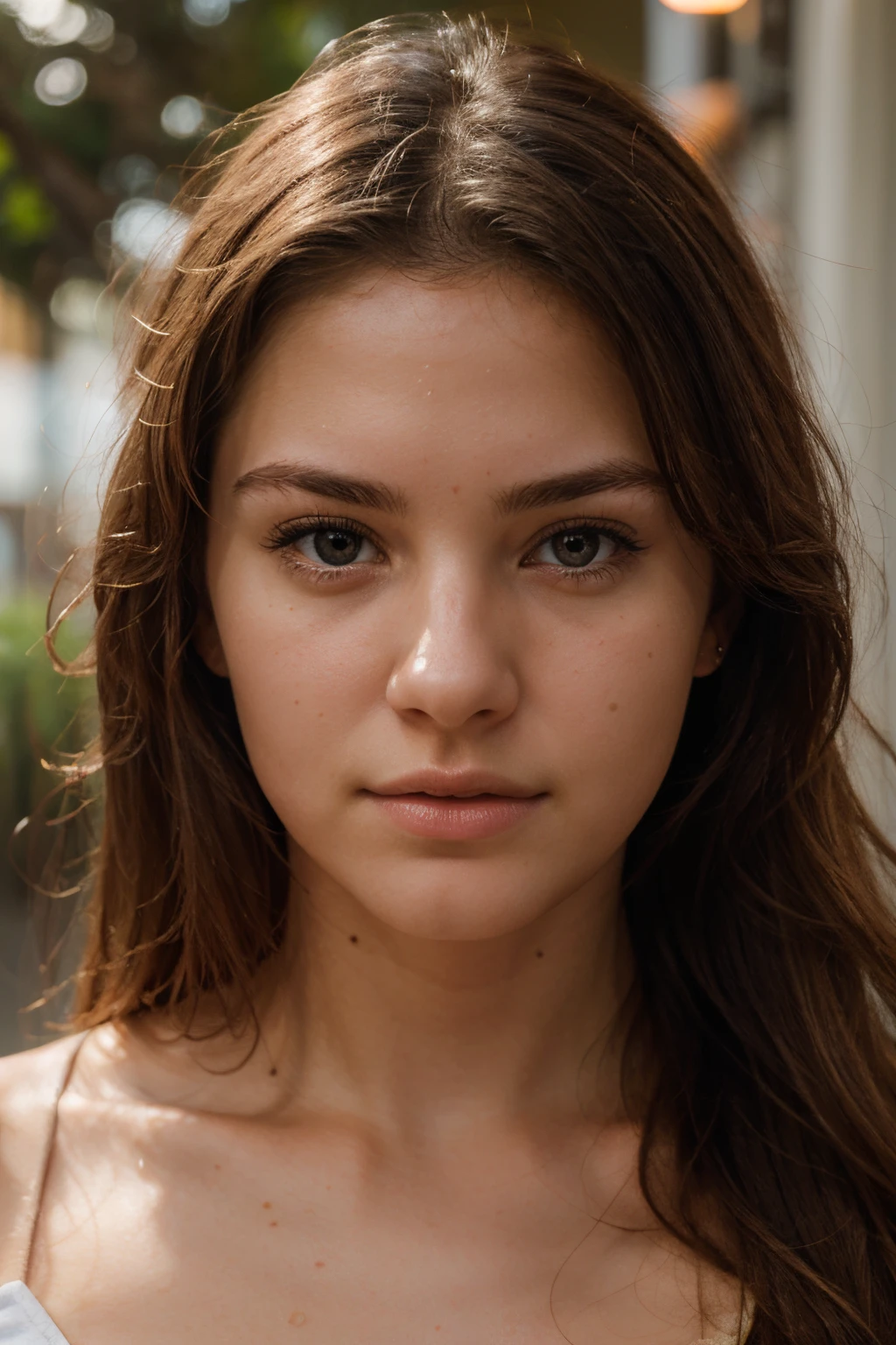 photorealistic closeup photo at eye level of attractive 18 year old white woman with front lighting symetrical image