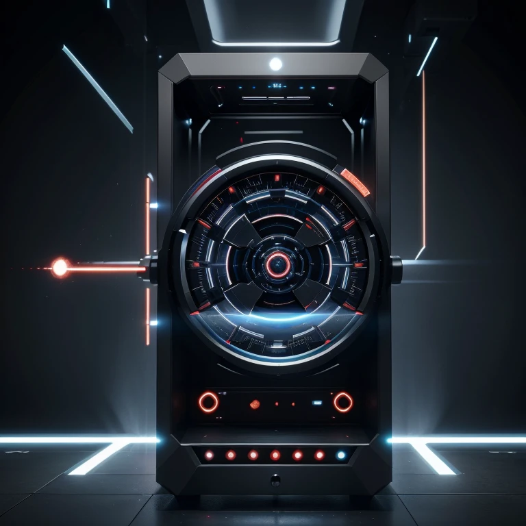 Develop a visual representation of a futuristic matter manipulation machine approximately 50 centimeters in size. The machine must be composed of magnetic force emitters arranged around a central core. The machine has the ability to project highly controlled magnetic fields to interact with matter.