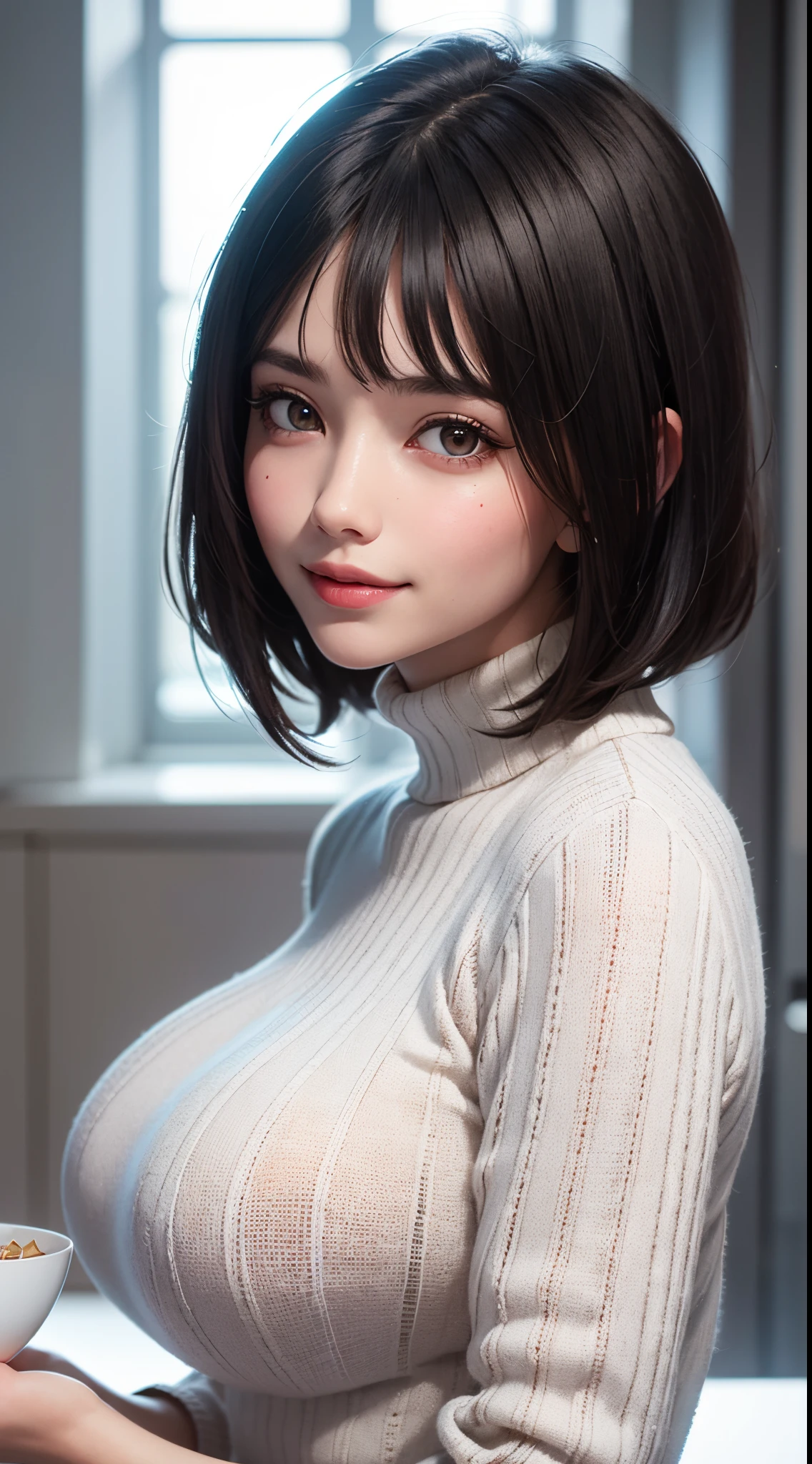 (UHD, retina, masterpiece, ccurate, anatomically correct, textured skin, super detail, high details, high quality, best quality, highres, 1080P, HD, 4K, 8k, 16k), (beautiful detailed eyes, beautiful detailed lips, extremely detailed eyes and face), studio lighting, physically-based rendering, vivid colorig tits, super big tits, super extra big tits, glamorous body), (white turtleneck knit), (portrait, bowl cut, shiny hair, shiny skin), (bokeh), (tilt your head to the side:1.5), eye reflection, jet black hair, large eyes with a characteristic long cut, snow-like skin, pink lips, rosy cheeks, large breasts, a charming smile that captivates the onlookers, and an intelligent brain,